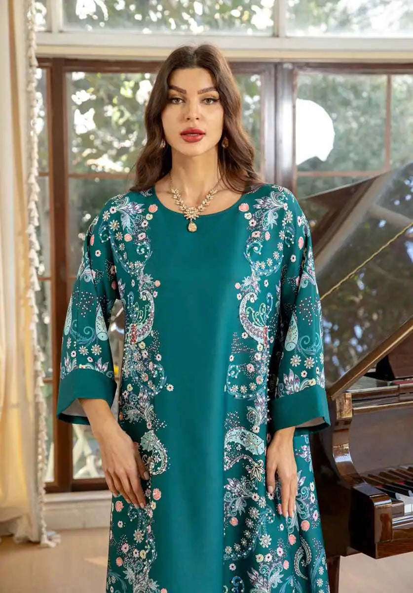 Elegant Hotfix Rhinestone Beaded Kaftan Dress for Women - Perfect for Eid Celebrations, Weddings & Special Occasions