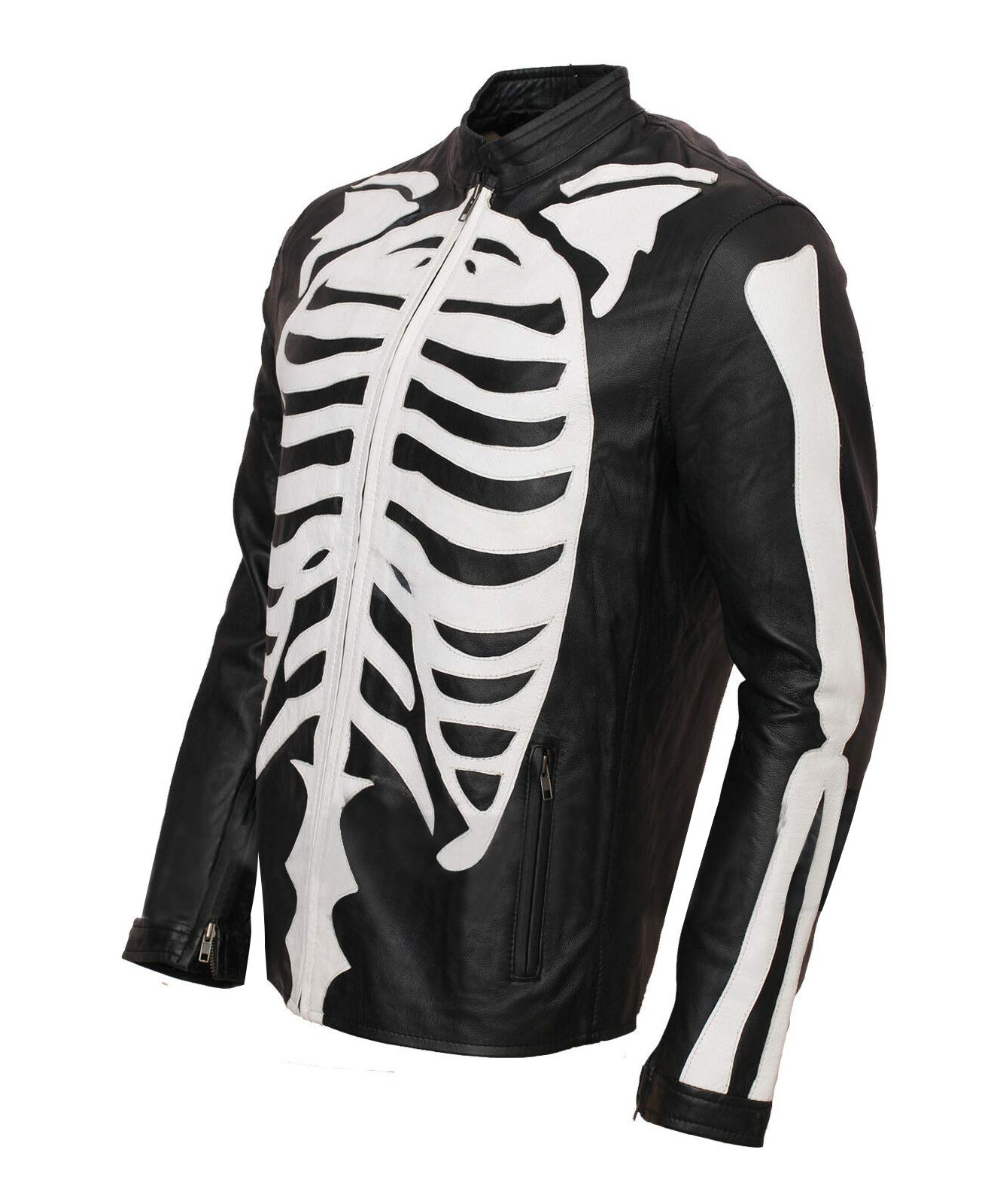 Men's Skeleton Bones Black Leather Jacket - Halloween Cosplay, Cafe Racer Biker Skull Motorcycle Jacket - Perfect for Costume Parties, Bike Rides & Gothic Fashion
