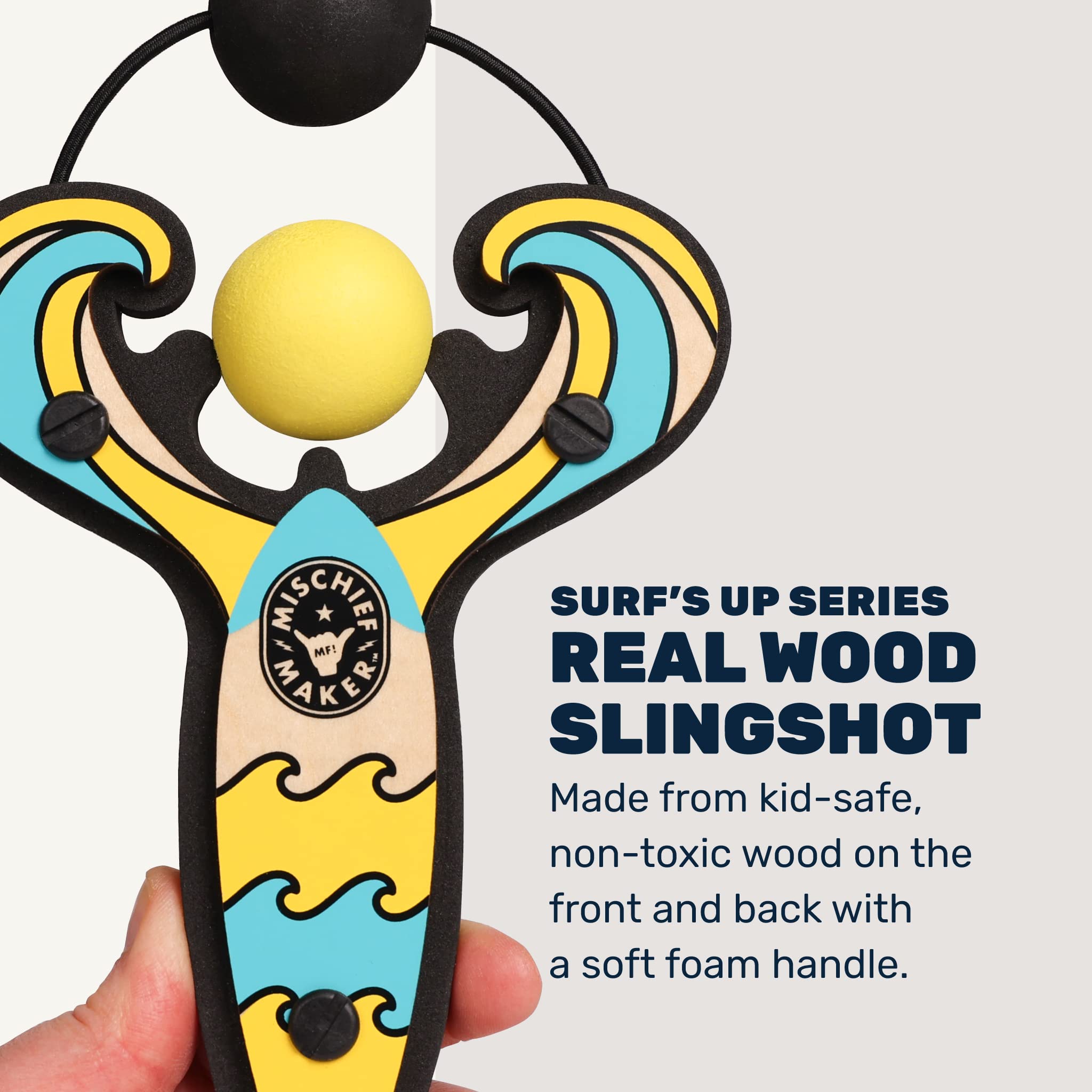 Mischief Maker® Wooden Slingshot - Surf’s Up Series - Real Wood Kids Slingshot with 4 Soft Foam Balls & Storage Bag - Outdoor Toys for Boys Girls Ages 4+ - Perfect for Backyard Games, Beach Fun and Camping Activities