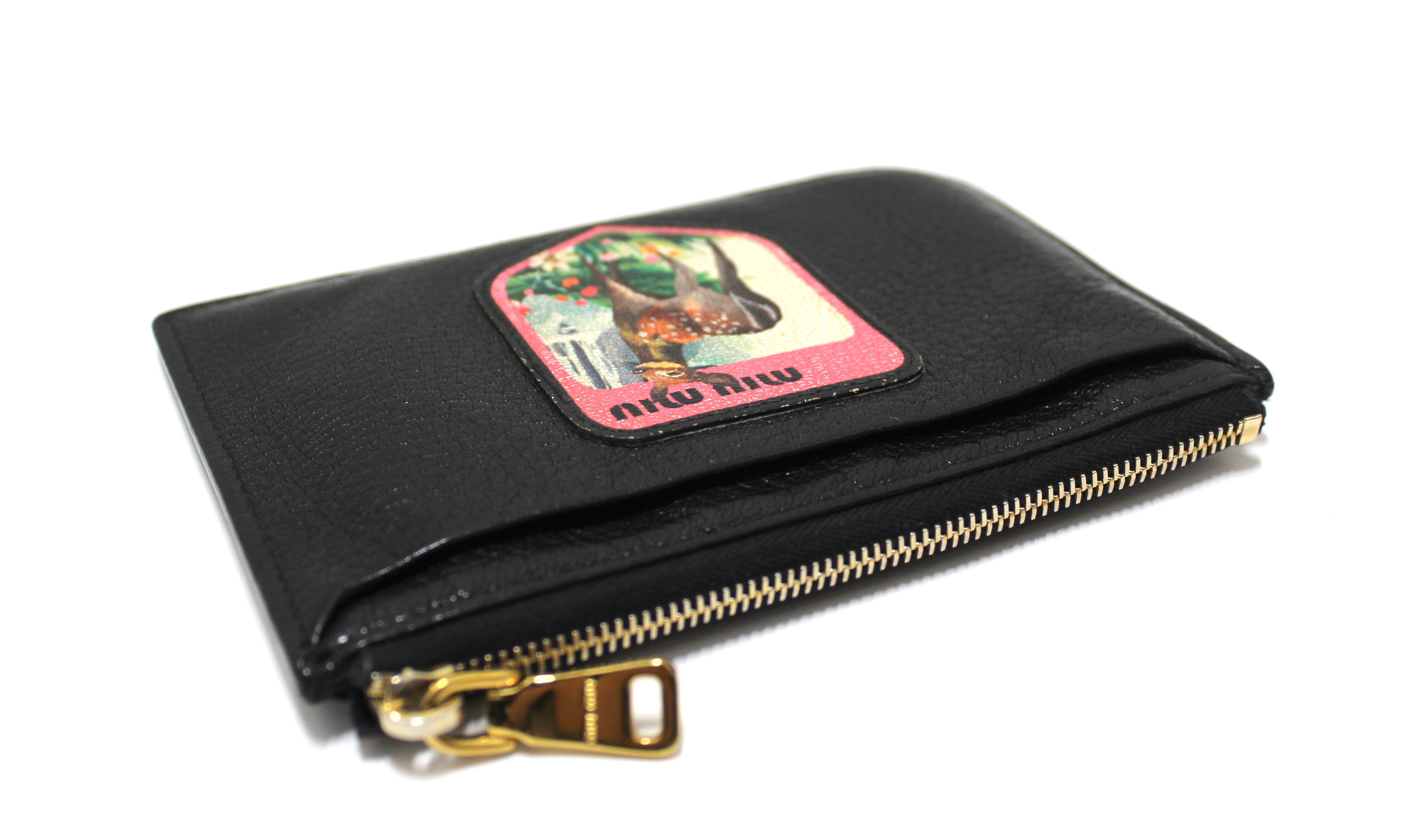 Authentic Miu Miu Black Deer Patch Leather Card Holder & Coin Purse - Stylish Wallet for Women, Perfect for Everyday Use and Travel Accessories