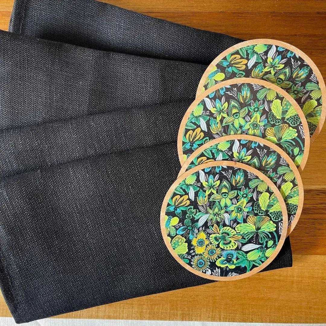 Premium Australian Wooden Coaster & Napkin Set with Rainforest Flowers Design - Perfect for Dining Table, Coffee Table, and Home Decor