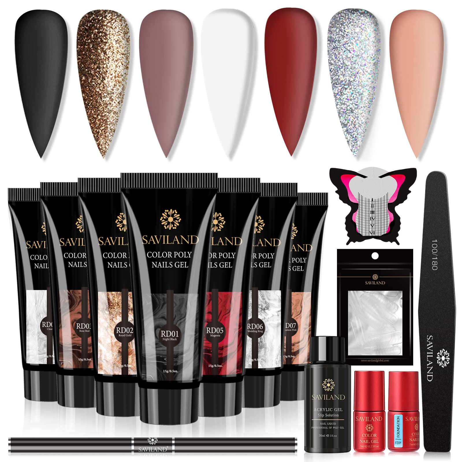 Saviland Poly Nails Gel Kit - Professional Glitter Nail Extension Kit with Slip Solution & Nail Strengthener | All-in-One Builder Gel for DIY Manicures | Perfect for Beginners & Home Use | Salon-Quality Nails for Parties, Weddings & Special Occasions