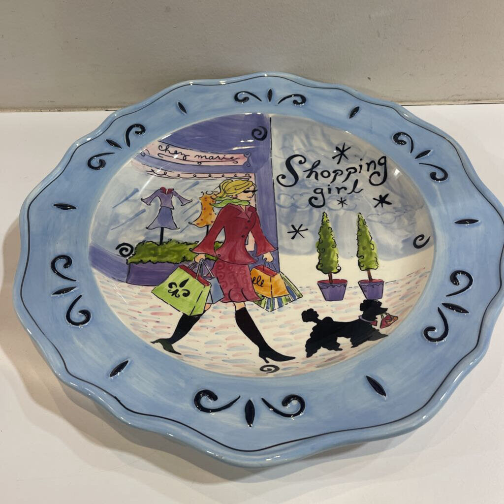 Stylish Ceramic Shopping Girl Decorative Platter - 15W x 1.5H - Perfect for Home Decor, Gift Giving & Table Centerpiece