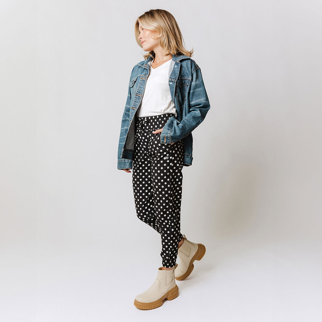 Black Polka Dot Joggers for Women - Stylish & Comfortable Running Pants for Casual Wear, Lounge & Travel
