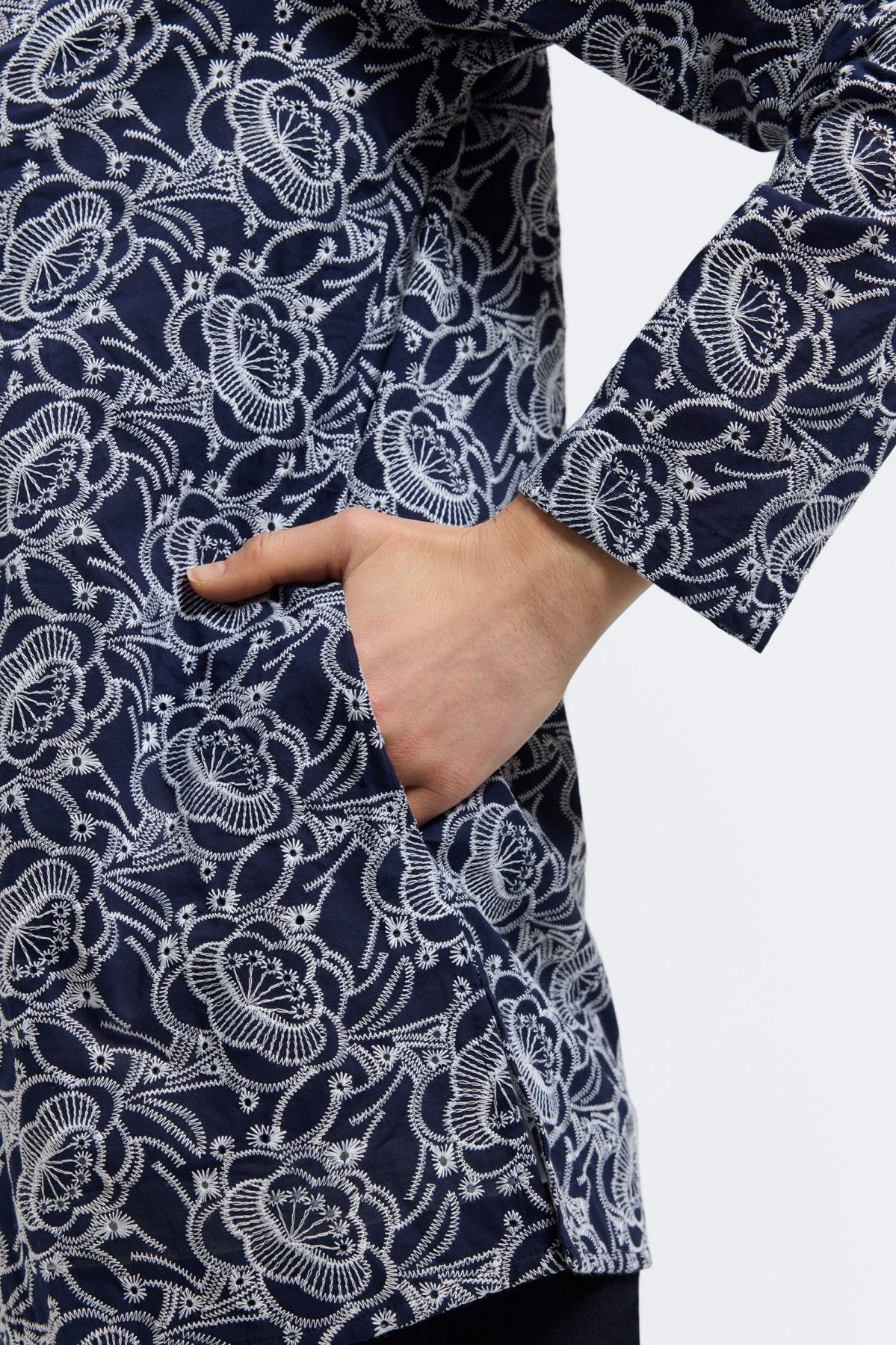 Carolina Floral Print Eyelet Long Sleeve Shirt Jacket for Women - Elegant Blouse with Lace Detailing, Perfect for Spring Outfits, Office Wear & Casual Dates