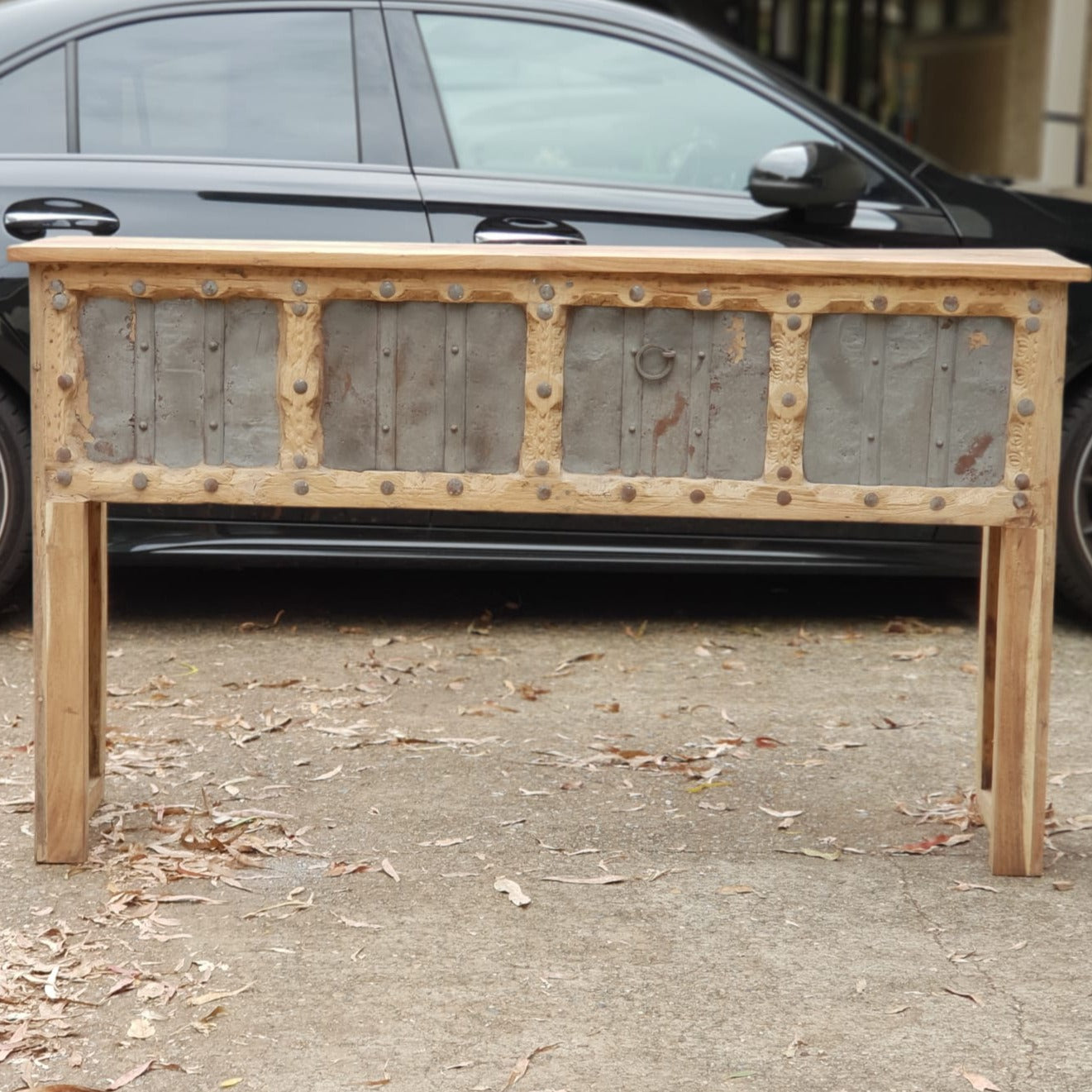 Handmade Reclaimed Wood Console Table - Rustic Carved Design with Iron Fittings | Entryway, Living Room & Hallway Decor