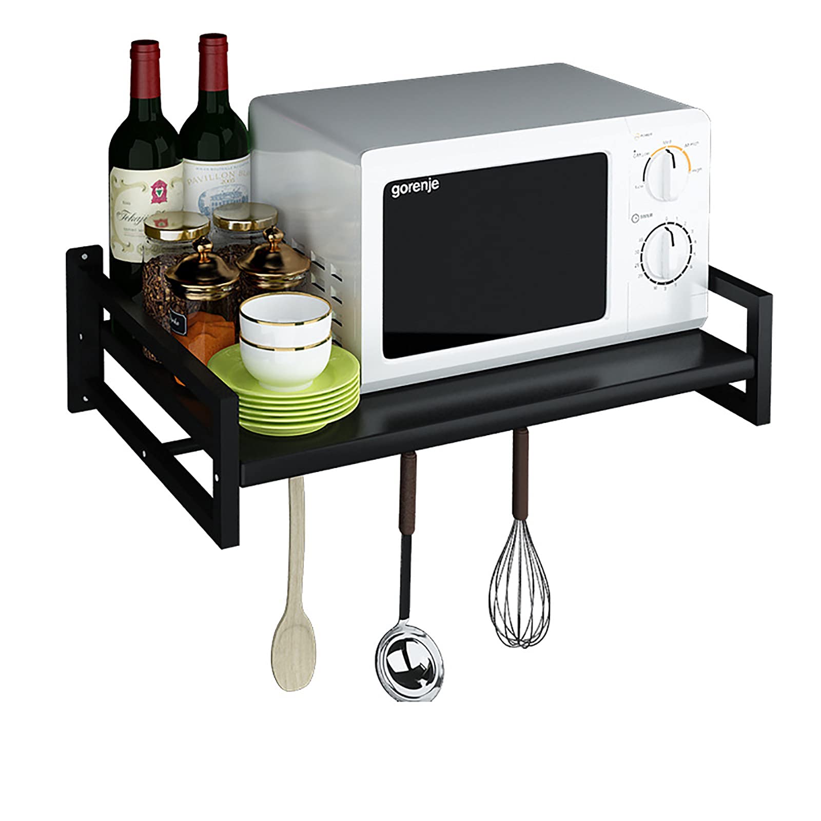 JYMEI Black Metal Wall Mounted Microwave Shelf - Kitchen Spice Rack Organizer with 3 Hooks - Floating Shelves for Microwave, Oven & Kitchen Storage - Perfect for Small Spaces & Apartment Cooking