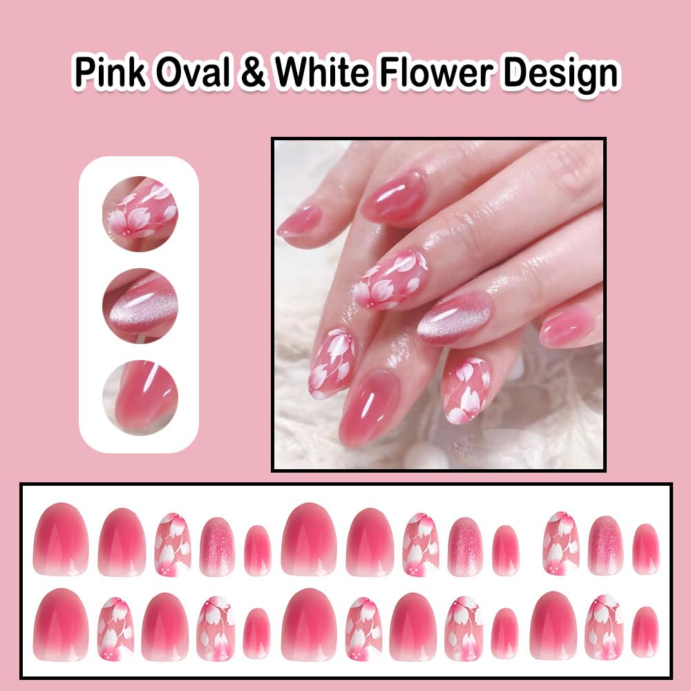 Pink Ombre Short Oval Fake Nails with White Flower Design - 24pcs (12 Sizes) Press-on Plastic Nails for Women - Perfect for Weddings, Parties & Everyday Wear