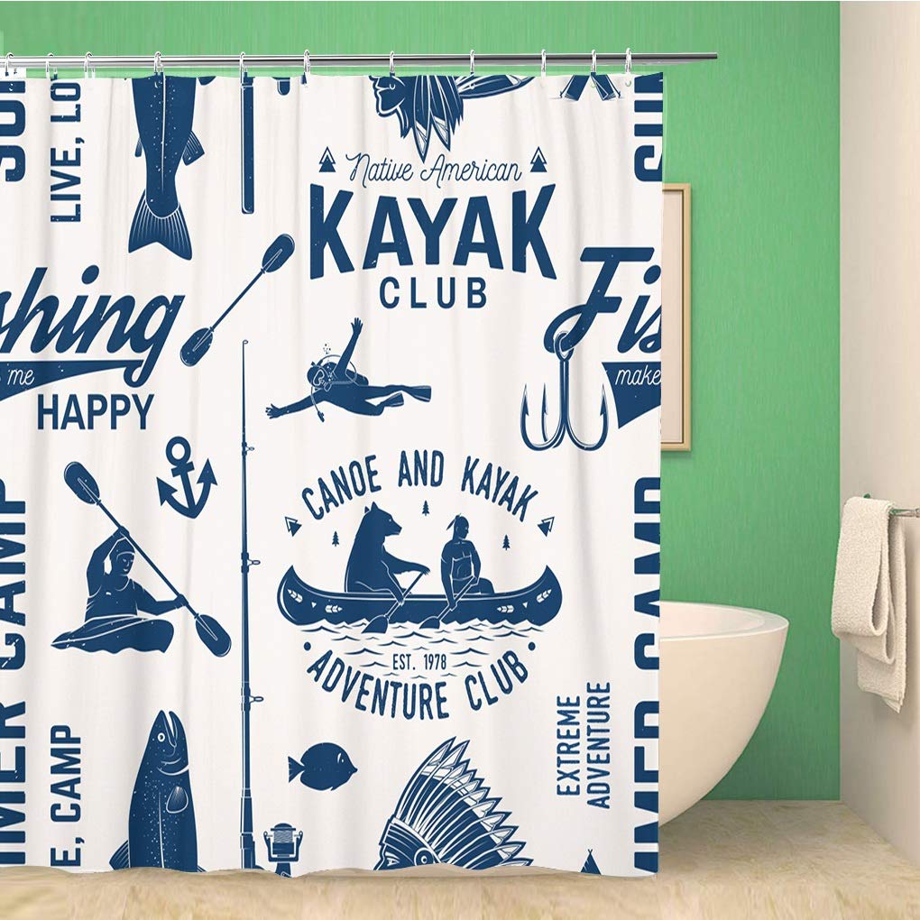 Vintage Canoe Kayak Fishing Club Shower Curtain - 72x72 Inch Waterproof Polyester Fabric Bathroom Decor with Hooks - Perfect for Outdoor Enthusiasts' Bathrooms, Cabins & Lake Houses