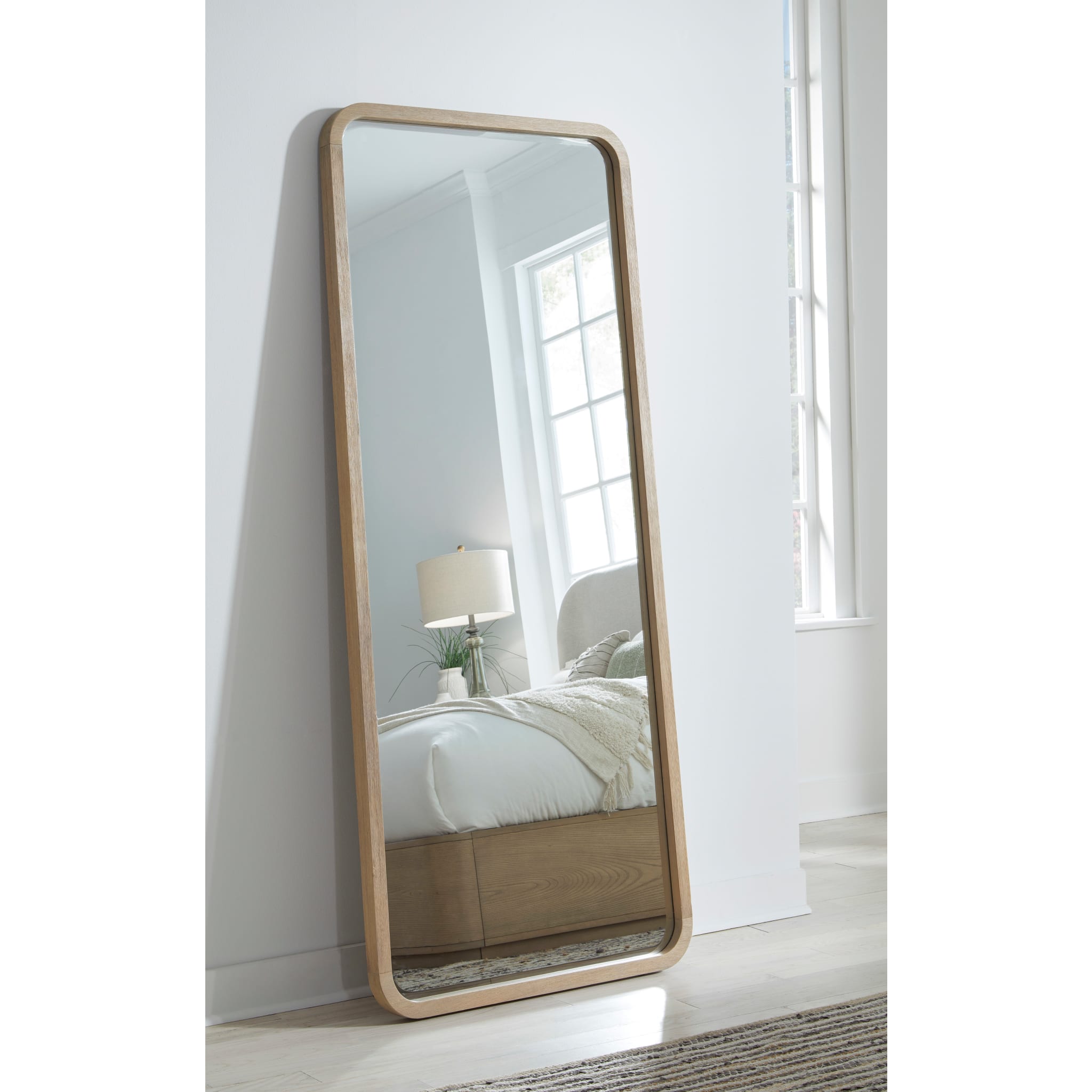 Buff Cream Penny Beveled Glass Floor Mirror - Full-Length Standing Mirror for Bedroom, Living Room & Entryway Decor