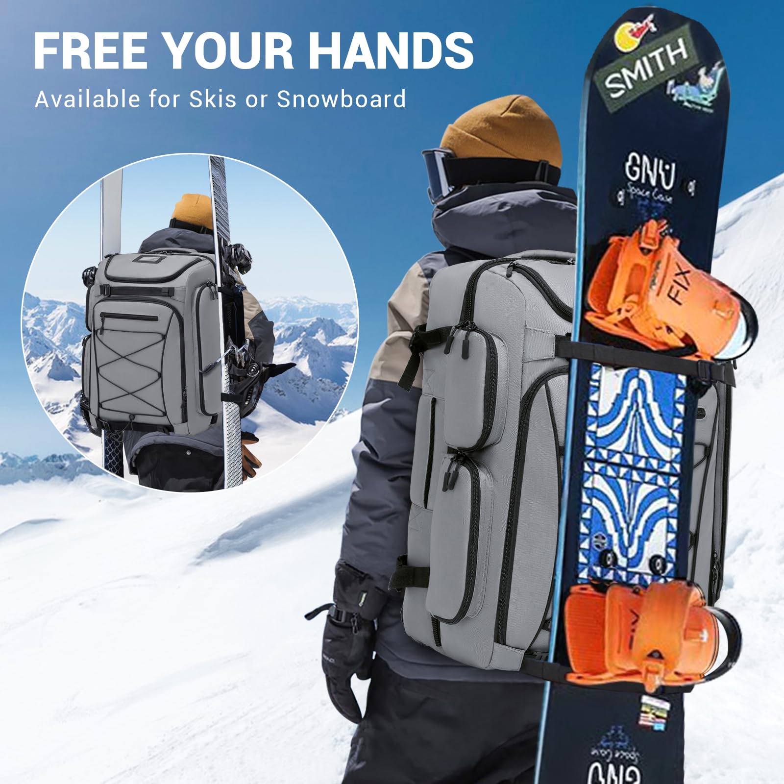 60L Waterproof Ski Boot Backpack for Men & Women - Large Travel Backpack for Snowboard Boots, Skis, Helmet, Goggles & Gloves - Durable Winter Sports Gear for Skiing, Snowboarding & Mountain Adventures