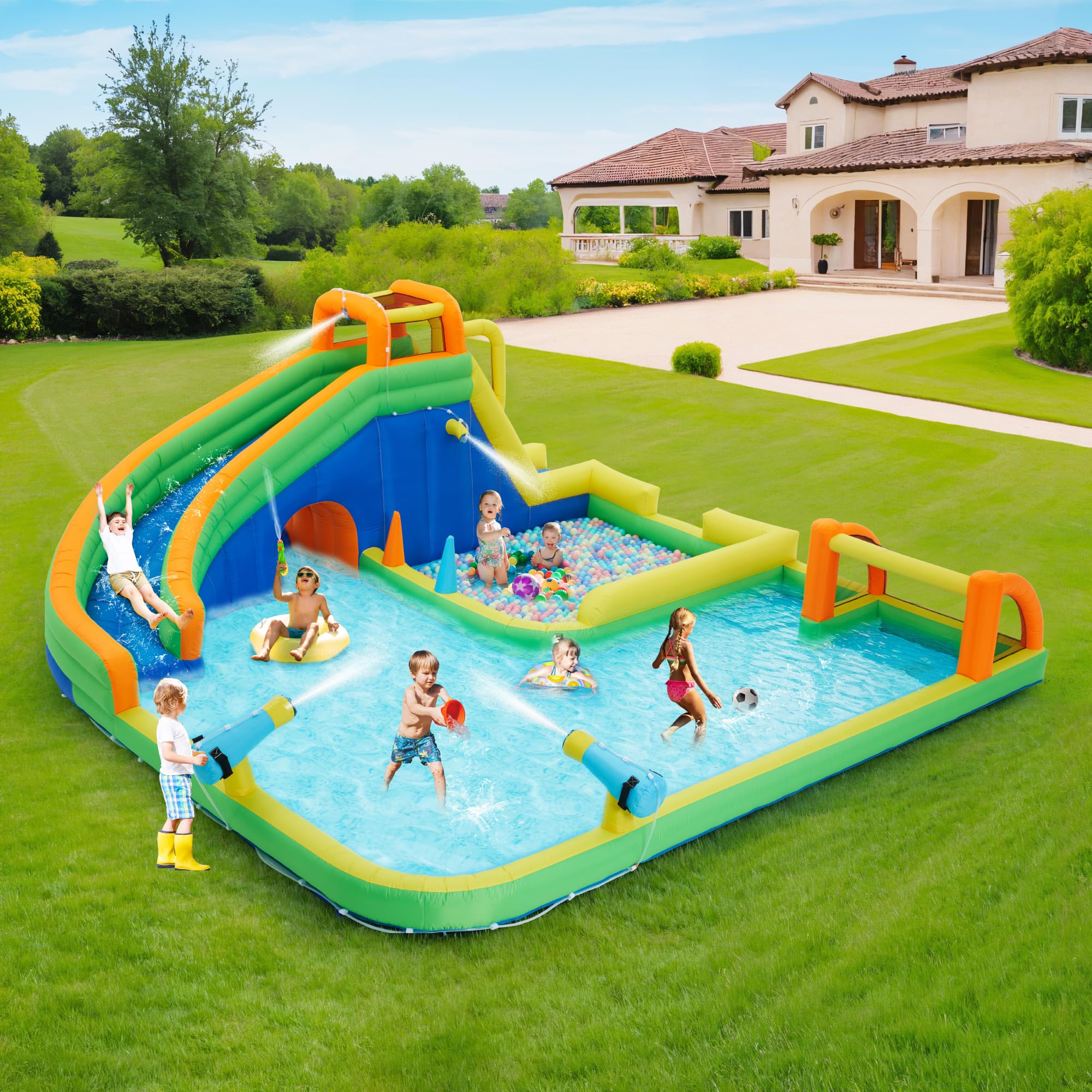 Best Inflatable Water Slide Park with Water Soccer & Dual Water Cannons - Giant Splash Pool for Outdoor Kids Play - Easy Setup & Includes Blower - Perfect for Backyard Parties, Summer Fun & Family Gatherings