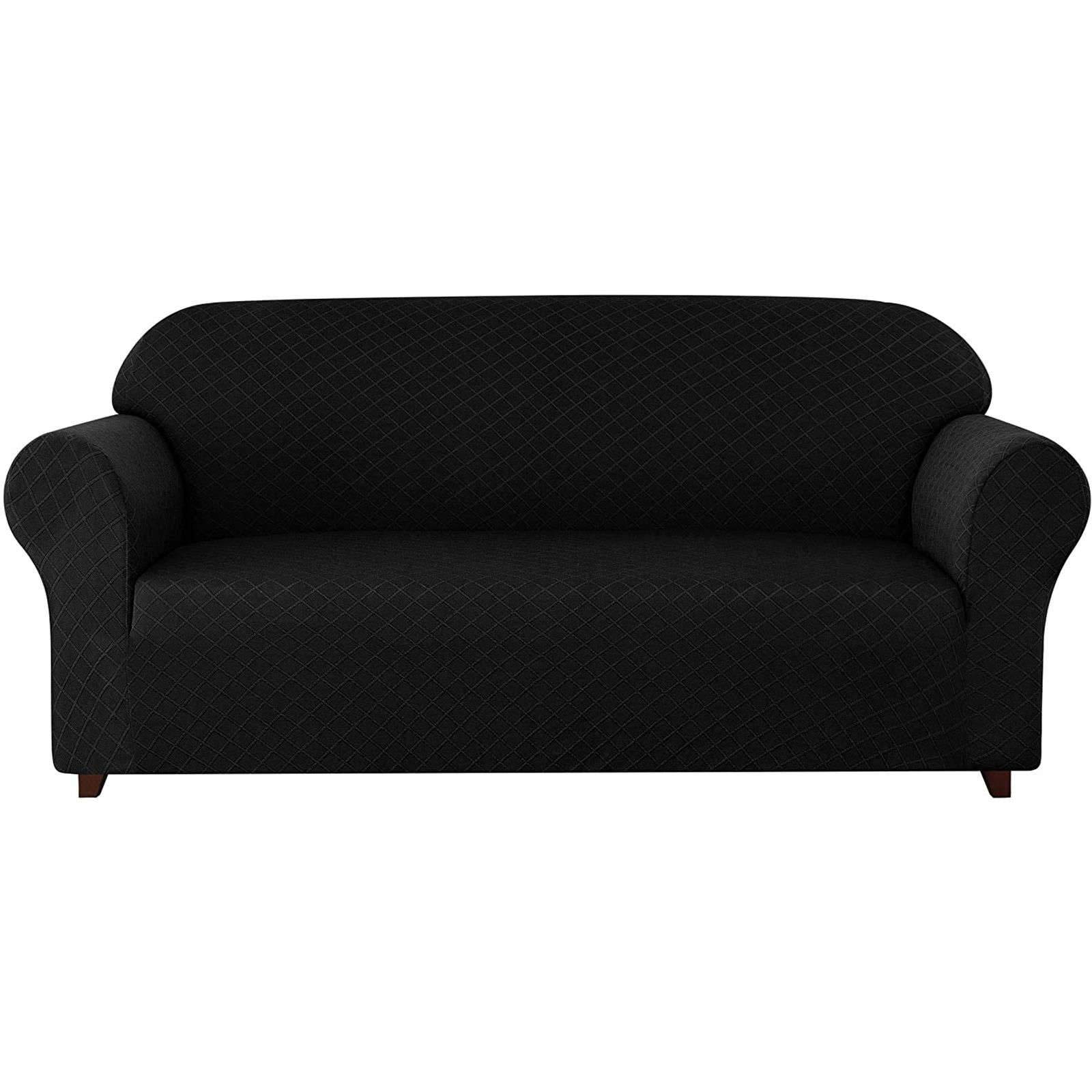 Stretch Sofa Slipcover - 1-Piece Soft Diamond Pattern Spandex Couch Cover | Washable Furniture Protector for Pets & Kids | Black Large Size | Perfect for Living Room, Family Room & Pet-Friendly Homes
