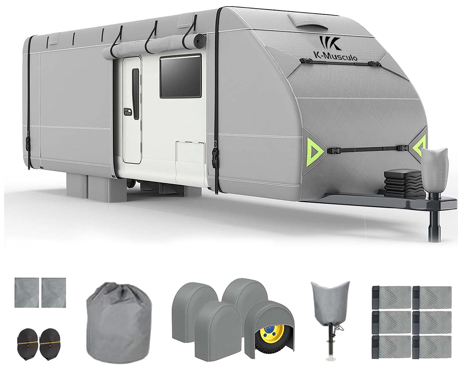 **K-Musculo Heavy Duty RV Cover for 20-22 FT Travel Trailers – 8-Layer Reinforced Corners, Windproof & Waterproof Camper Cover with 4 Tire Covers & Tongue Jack Cover (2024 Model) – Perfect for Winter Storage, Outdoor Protection & Long-Term Travel Use**