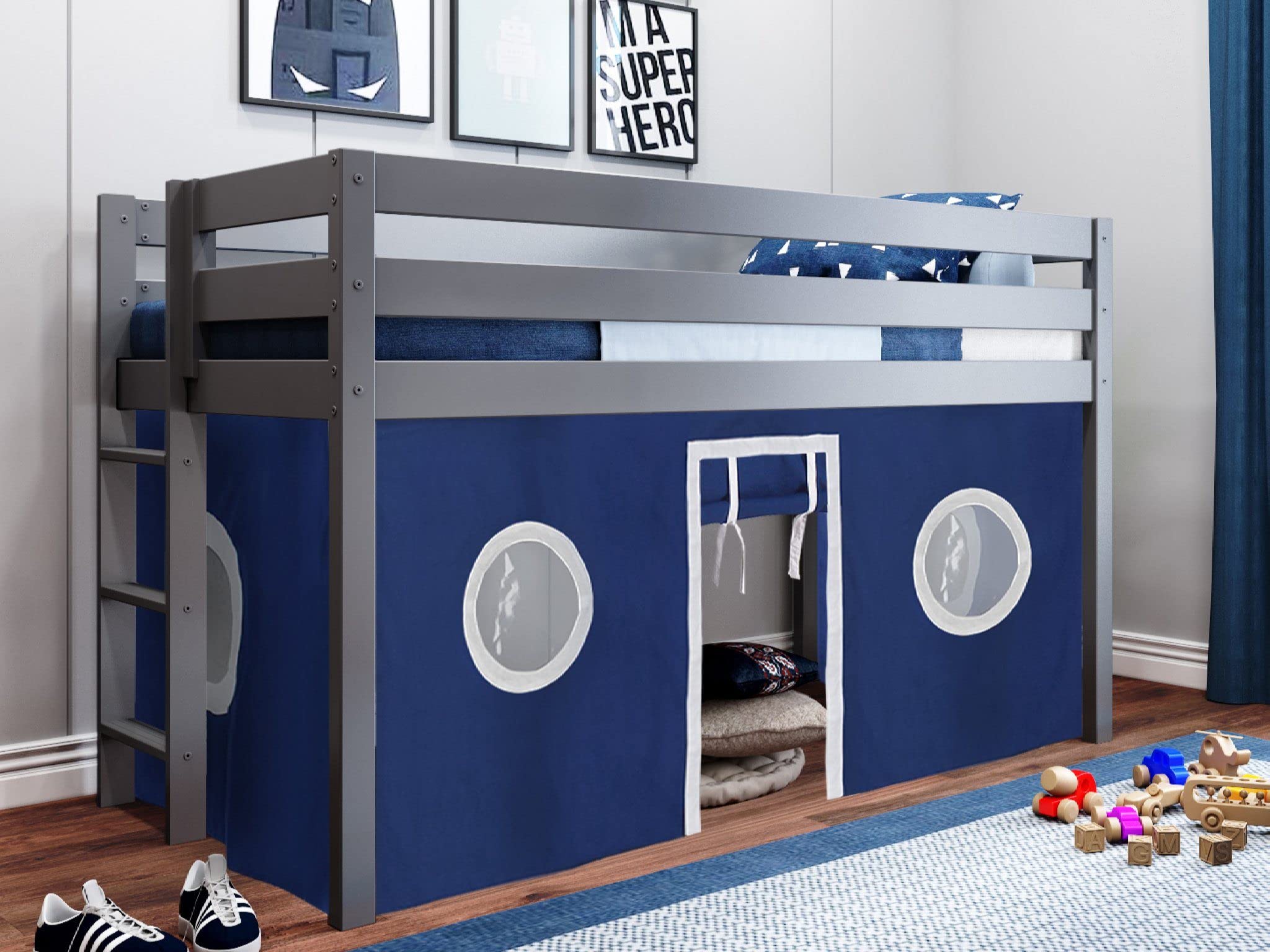 Modern Low Loft Twin Bed with End Ladder - Gray & Blue White Tent Design - Perfect for Kids' Bedroom, Dorm Room or Small Space Decor