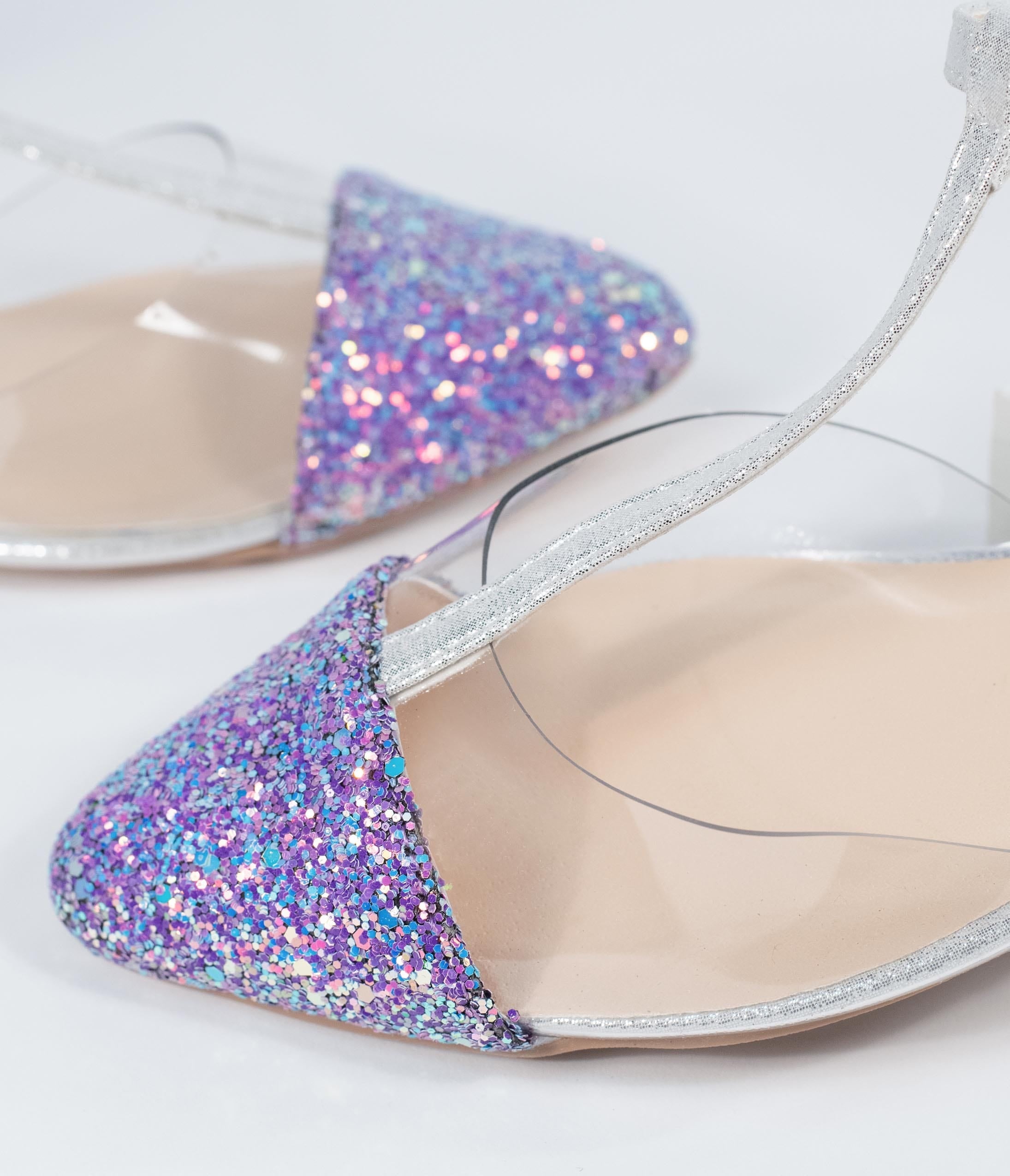 Lilac Purple Glitter & Clear Vinyl T-Strap Ballet Flats for Women - Comfortable Casual Shoes for Party, Wedding & Everyday Wear