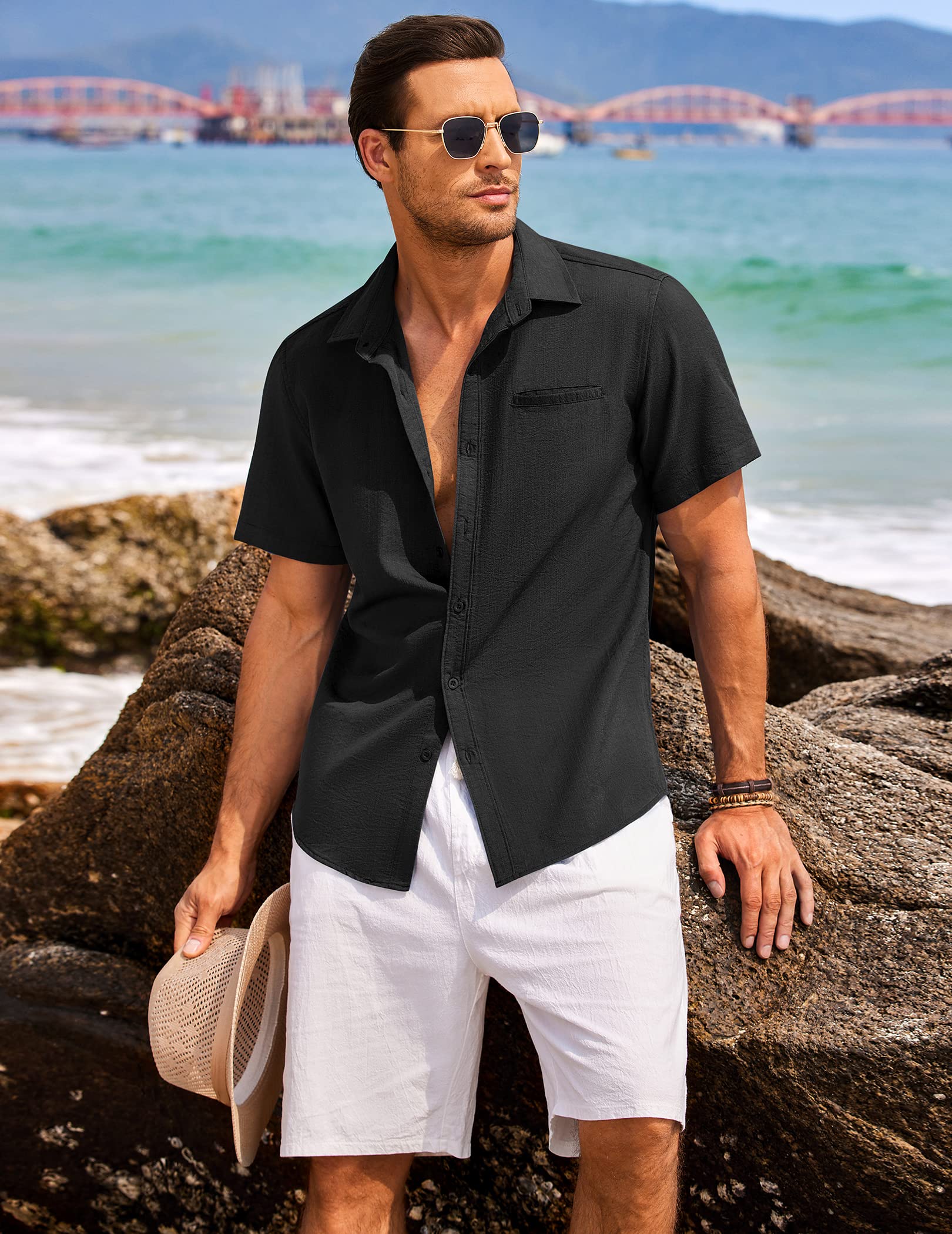 COOFANDY Men's Casual Linen Short Sleeve Button Down Shirt | Breathable Summer Hawaiian Beach Shirt for Vacation, Party & Outdoor Activities