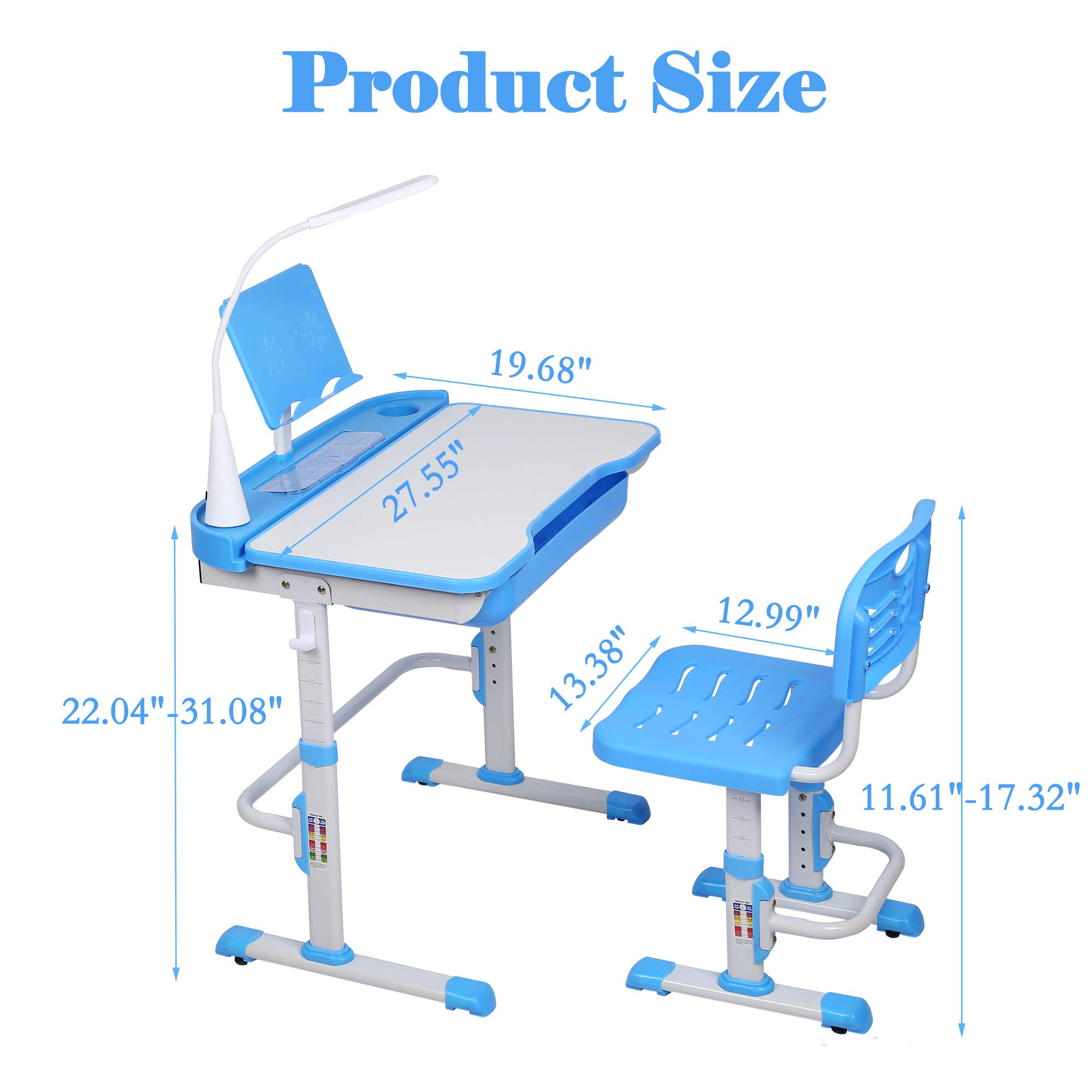Adjustable Kids Desk and Chair Set with LED Light & Storage - Ergonomic Study Table for Children, Tilt Desktop, Book Stand - Perfect for Homework, Reading & Online Learning (Blue)