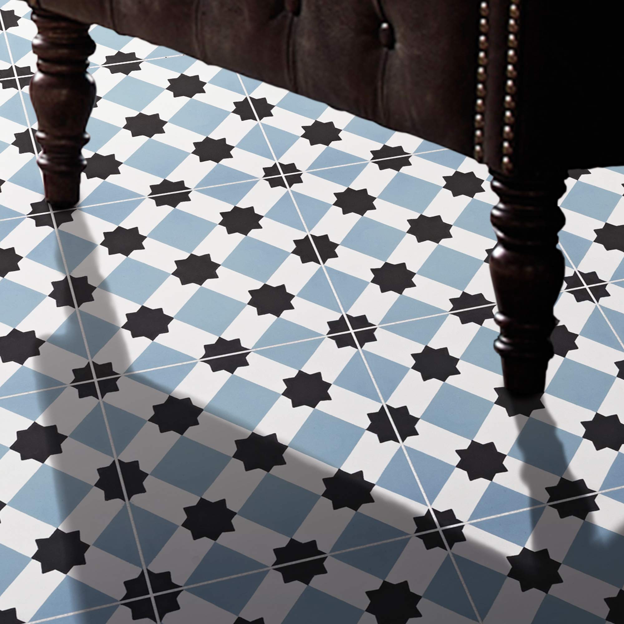 Handmade Moroccan Cement Tiles - Pack of 12 Black & Blue Mosaic Tiles for Kitchen Backsplash, Bathroom Floor, and Outdoor Patio Decor (AIT BAHA CTP23-05)