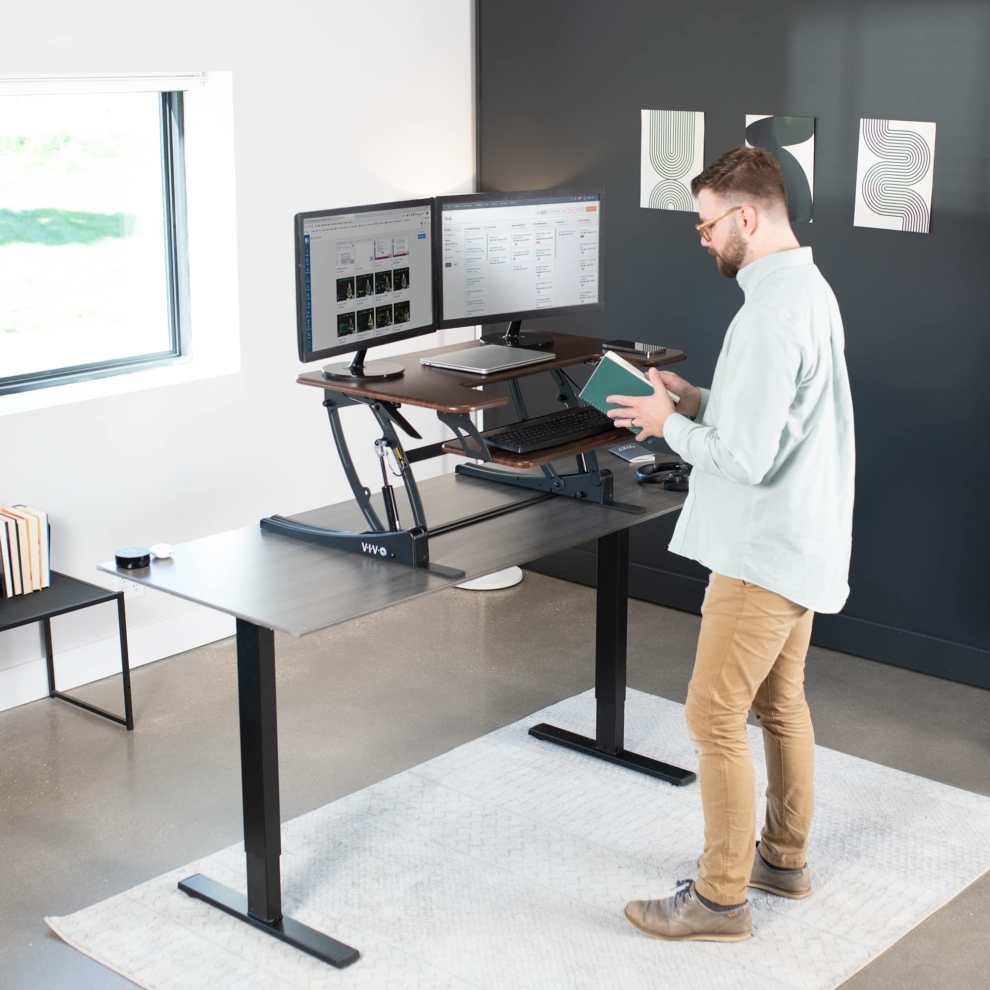 VIVO Dark Wood Height Adjustable 91cm Stand Up Desk Converter - Quick Sit to Stand Tabletop Dual Monitor Riser Workstation for Home & Office (DESK-V000VD) | Ergonomic Workspace Solution for Computer, Laptop & Monitor Setup