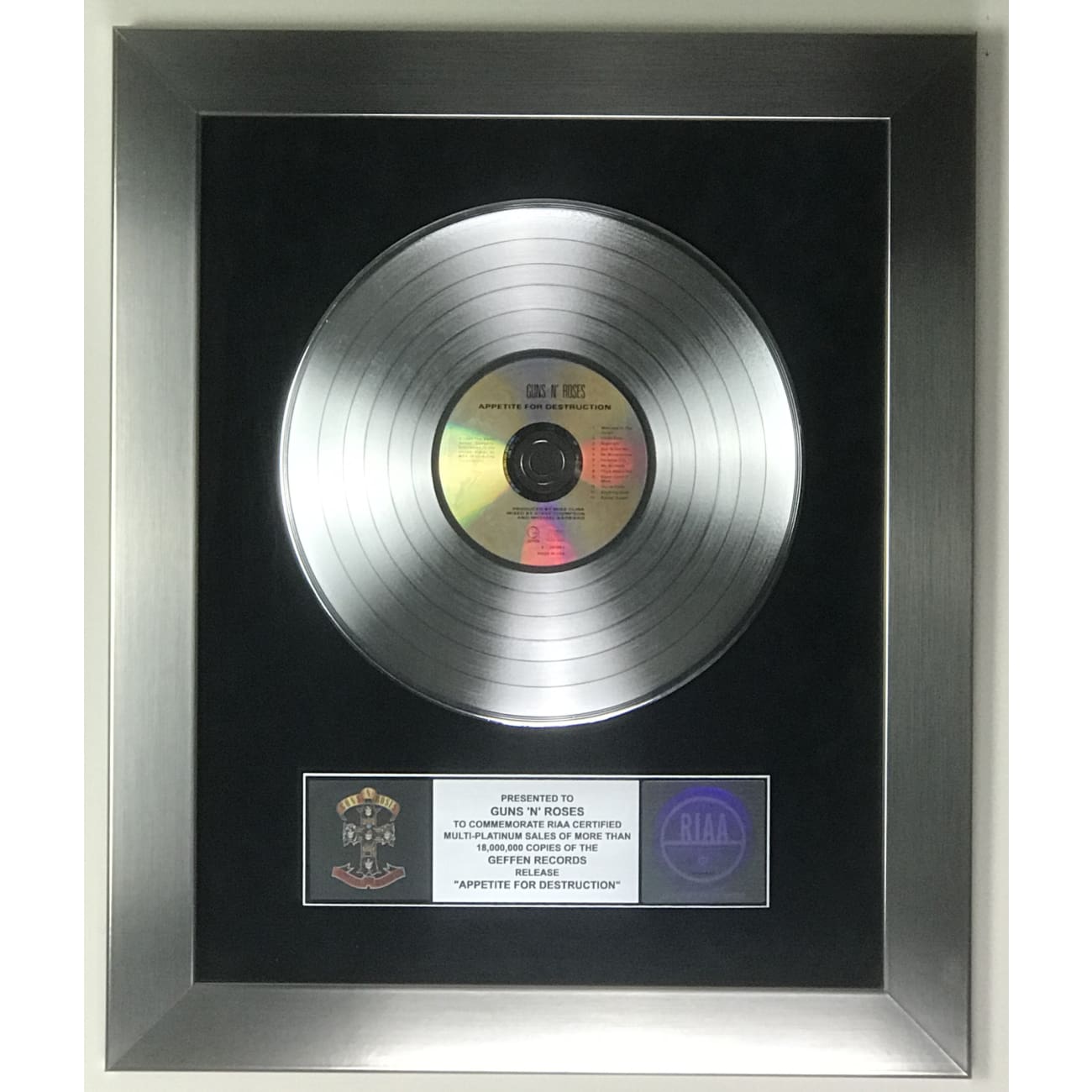 Guns N' Roses Appetite For Destruction RIAA 18x Multi Platinum Award - Rare Collectible Music Memorabilia for Hard Rock Fans & Display in Music Studios