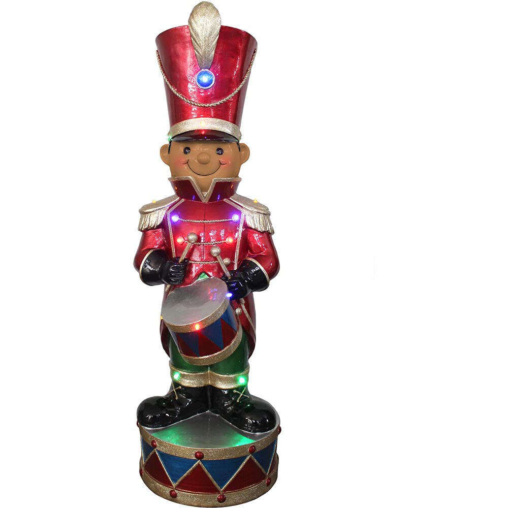 Fraser Hill Farm 35-Inch African American Nutcracker Soldier with Drum & LED Lights - Red & Multi Resin Christmas Figurine | Holiday Home Decor for Living Room, Kitchen, or Den | Perfect Christmas Tree Topper & Festive Party Decoration | FFRS035-1SOL-RDAA