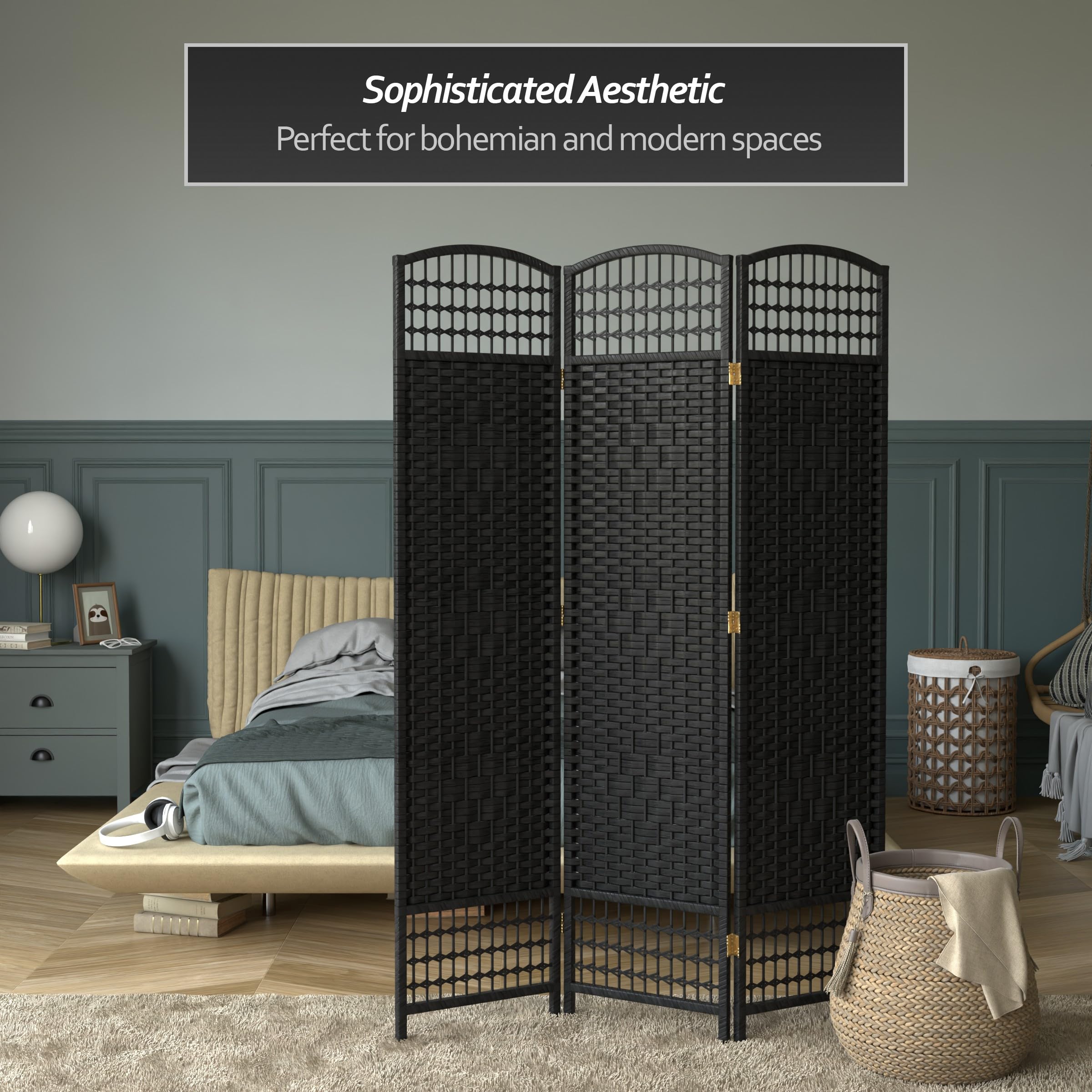 5.5 ft Tall Red Lantern Fiber Weave Black 3-Panel Room Divider - Asian Inspired Decorative Screen for Home, Office & Event Partitioning