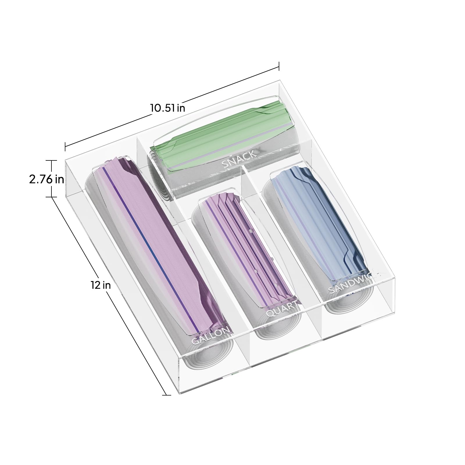 Aquiver Acrylic Bags Storage Organizer - Clear Plastic Food Storage Bags Holder & Drawer Organizer for Gallon, Quart, Sandwich, Snap, Freezer, Slider Bags - Perfect for Kitchen Pantry, Refrigerator & Cabinet Organization
