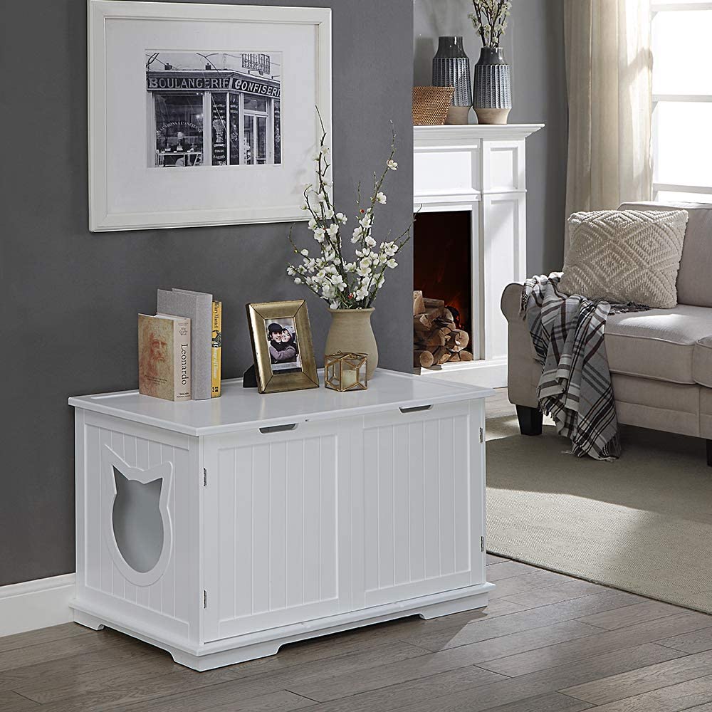 Extra Large Designer Cat Washroom Storage Bench - White Cat Litter Box Enclosure Furniture with Table Top | Perfect for Small Spaces, Living Rooms & Pet-Friendly Homes