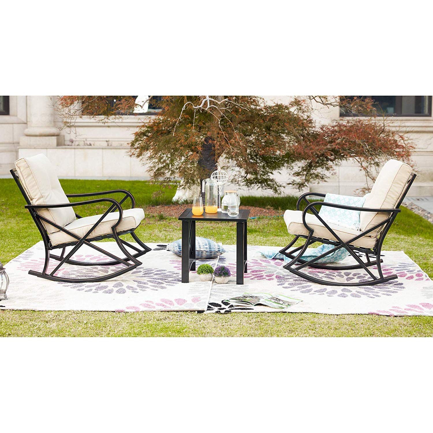 Patio Festival® 3-Piece Metal Outdoor Rocking Chair Bistro Set with Coffee Table & Thick Cushions - Durable Conversation Set for Backyard, Lawn, Porch, Poolside | Perfect for Relaxing, Entertaining & Outdoor Dining