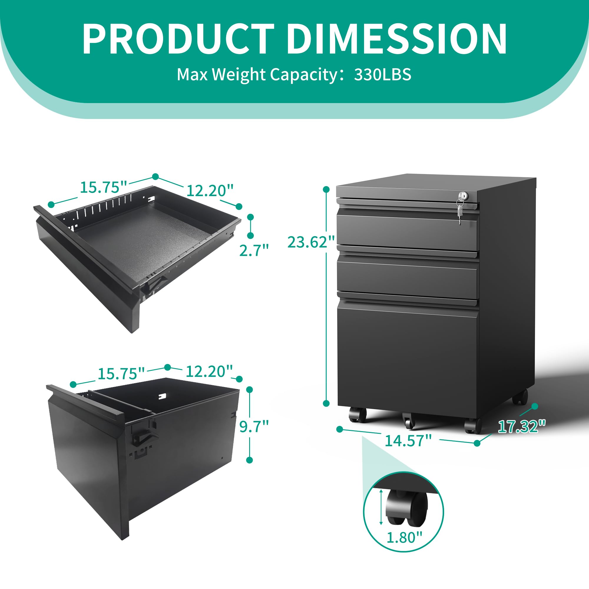 3-Drawer Rolling File Cabinet with Lock - Fully Assembled Metal Under Desk Organizer for Home & Office - Stores Letter, Legal & A4 Documents (Black) - Perfect for Small Spaces & Clutter-Free Workspaces
