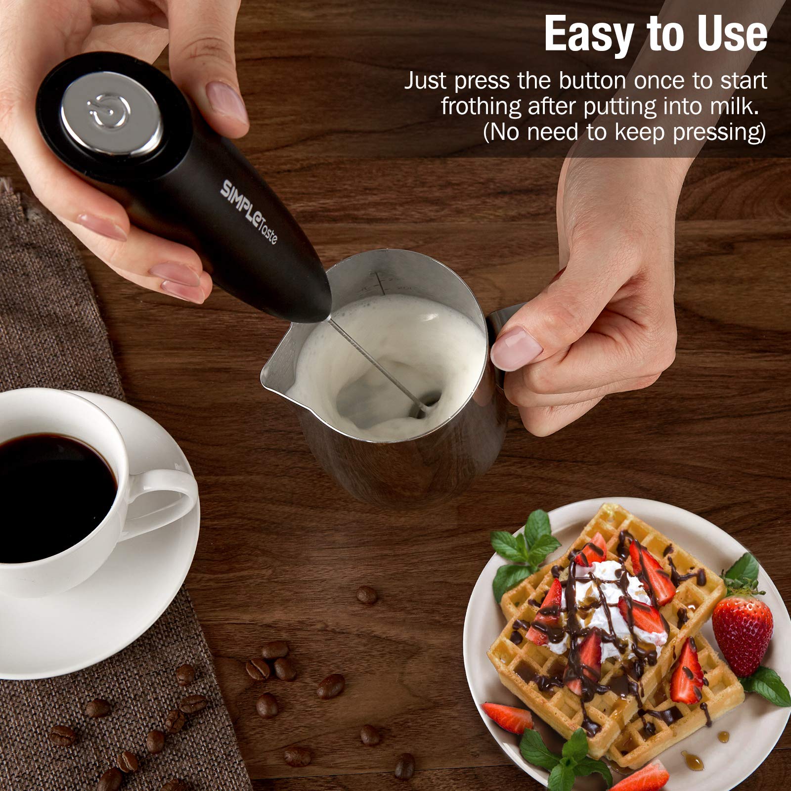 SIMPLETASTE Handheld Electric Milk Frother with Stainless Steel Whisk - Battery Powered Drink Mixer for Cappuccino, Latte, Coffee & Hot Chocolate - Perfect for Home, Office & Coffee Shops