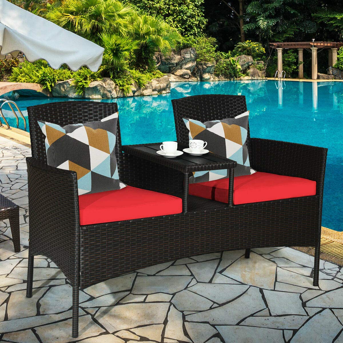 RELAX4LIFE Outdoor Rattan Wicker Conversation Set with Coffee Table & 2 Removable Cushion Chairs - Patio, Garden, Balcony, Lawn Furniture Loveseat (Brown+Red) - Perfect for Backyard Relaxation, Poolside Lounging & Outdoor Entertaining