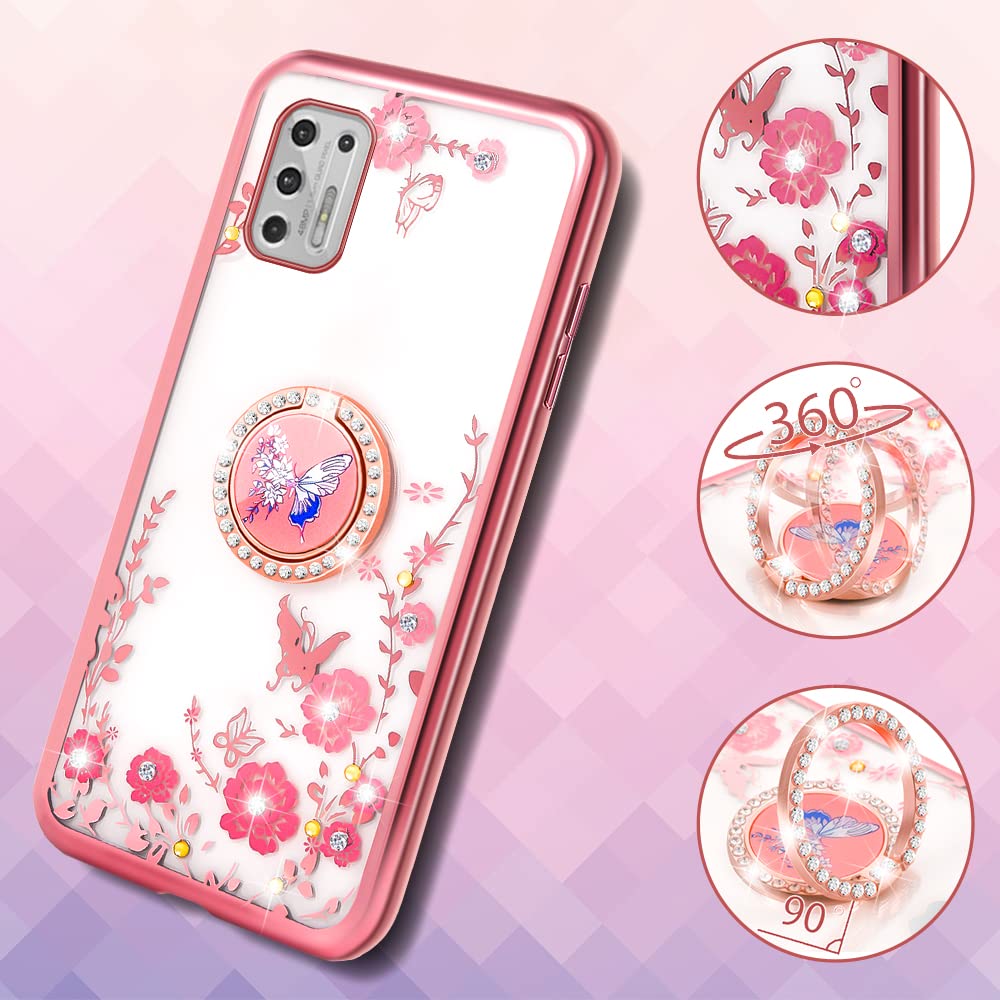 Motorola Moto G Stylus 2021 4G Phone Case with Ring Kickstand & Lanyard - Cute Floral Shockproof Protective Cover for Women (Rose Butterfly) | Perfect for Daily Use, Work, and Travel Protection