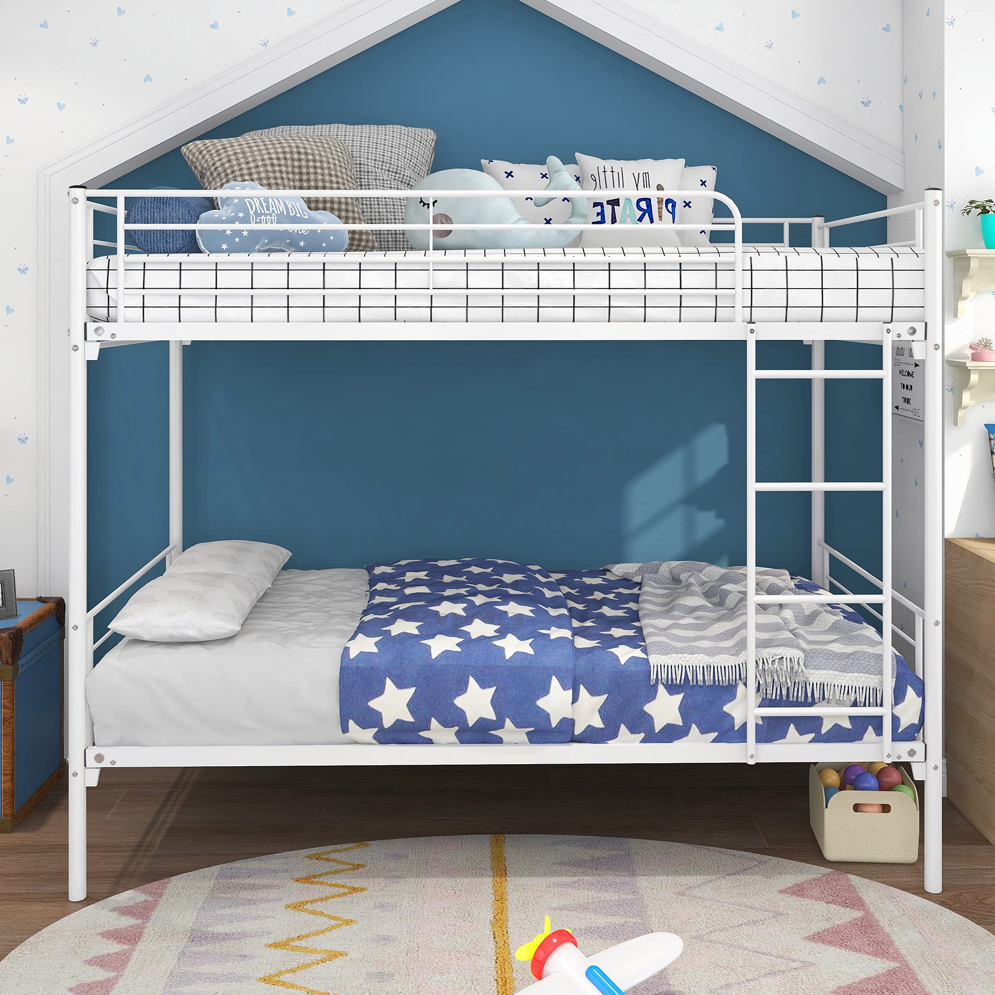 Twin Over Twin Metal Bunk Bed with Ladder & Guardrails - Heavy Duty Bunk Bed Frame for Adults, Kids, Boys & Girls Bedroom - No Box Spring Needed - White - Perfect for Space-Saving Kids' Rooms, Dormitories & Guest Bedrooms