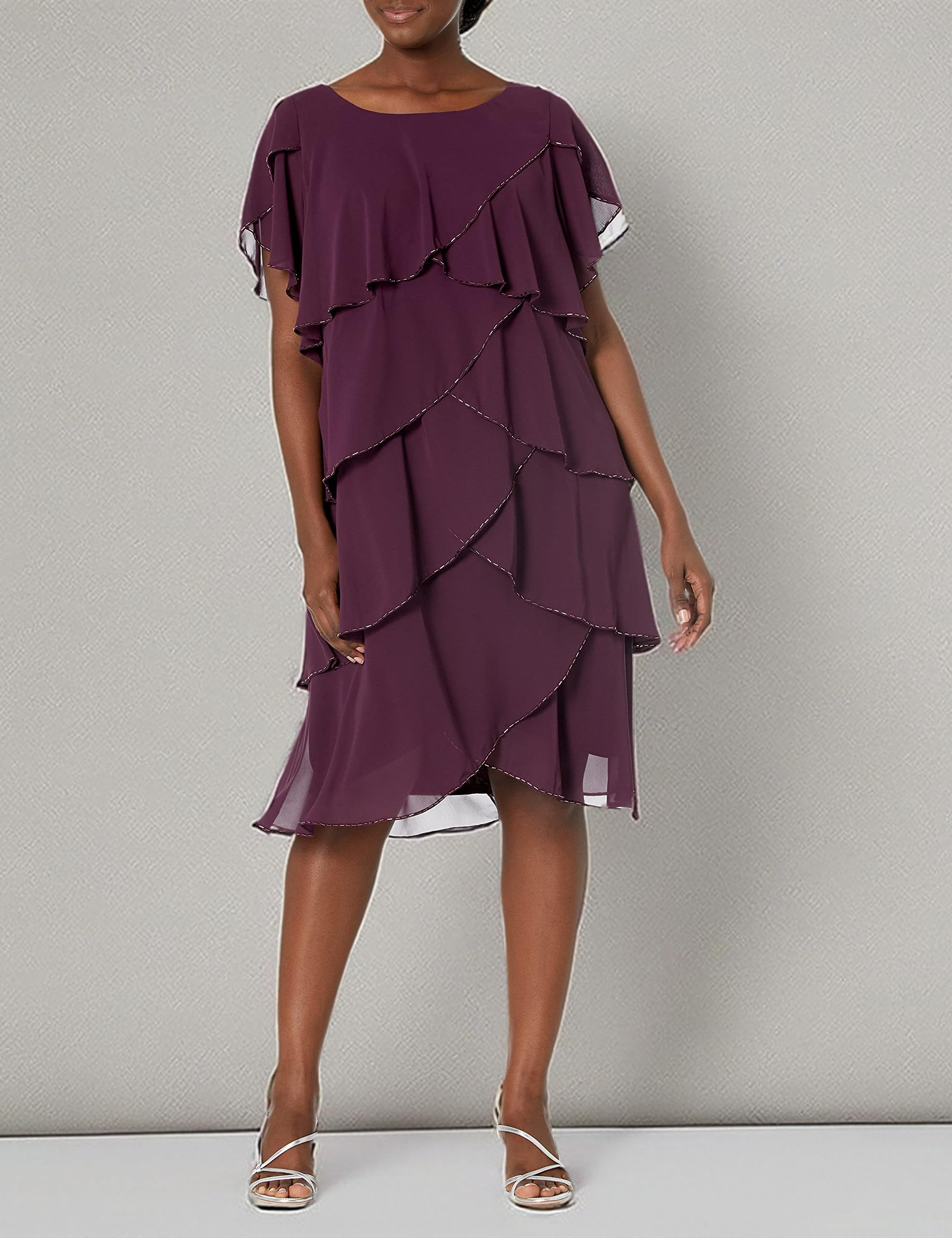 Women's Plus Size Capelet Tier Dress with Beaded Detail - Elegant Flowy Maxi Dress for Special Occasions & Evening Events | S.L. Fashions