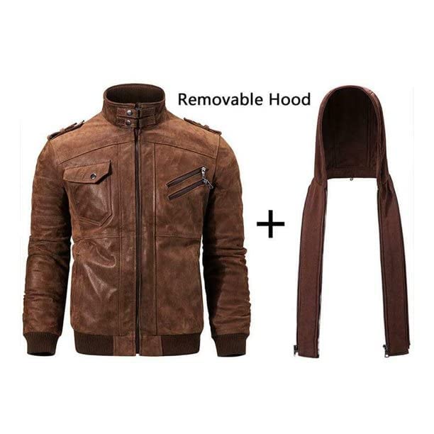 Men's Brown Genuine Leather Motorcycle Jacket with Detachable Hood - Windproof Biker Jacket for Riding, Outdoor Adventures & Casual Wear