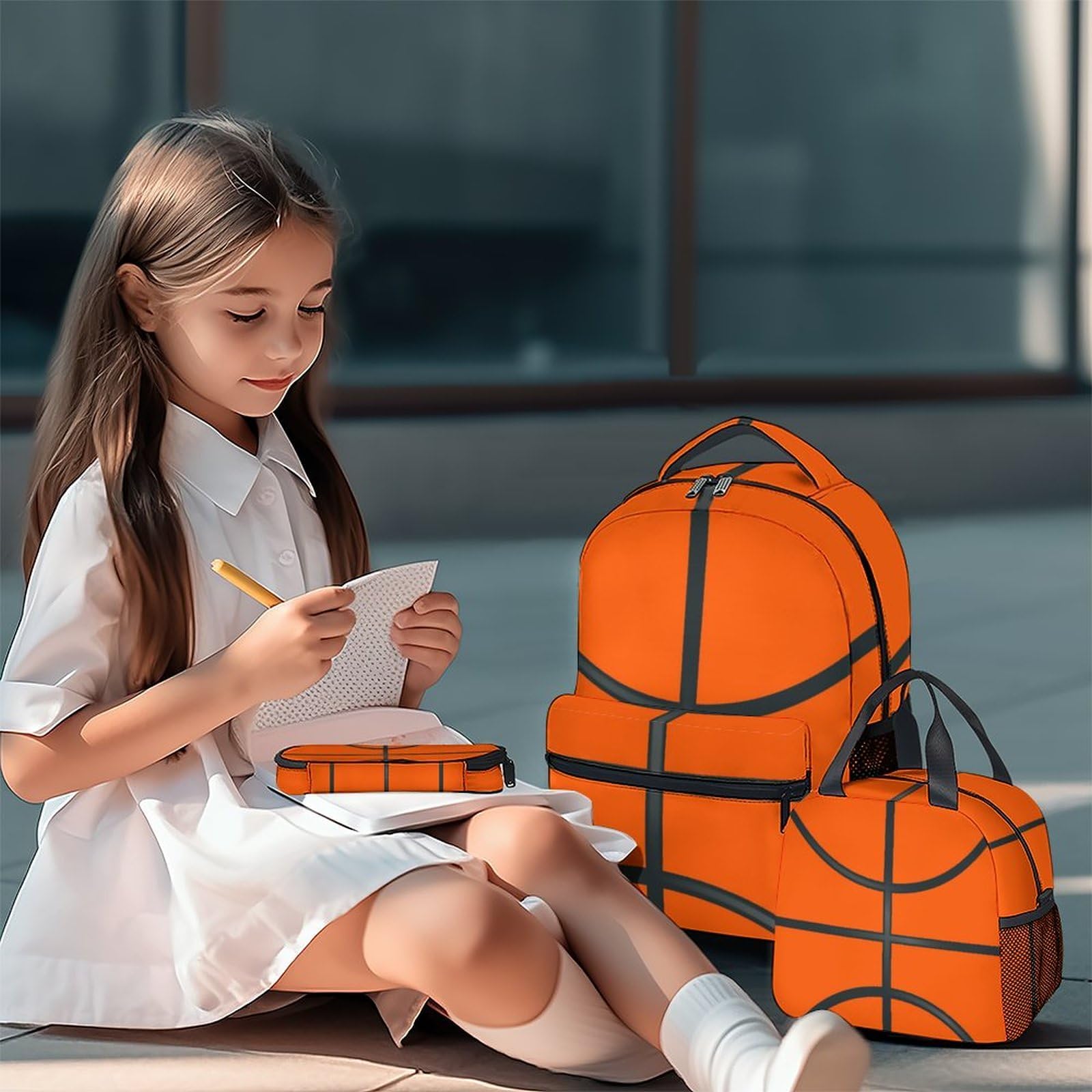 3-in-1 Basketball Backpack Set with Insulated Lunch Box & Pencil Case - Orange Boys' School Backpack Combo | Perfect for Sports, School & Travel | Durable Bookbag with Matching Accessories