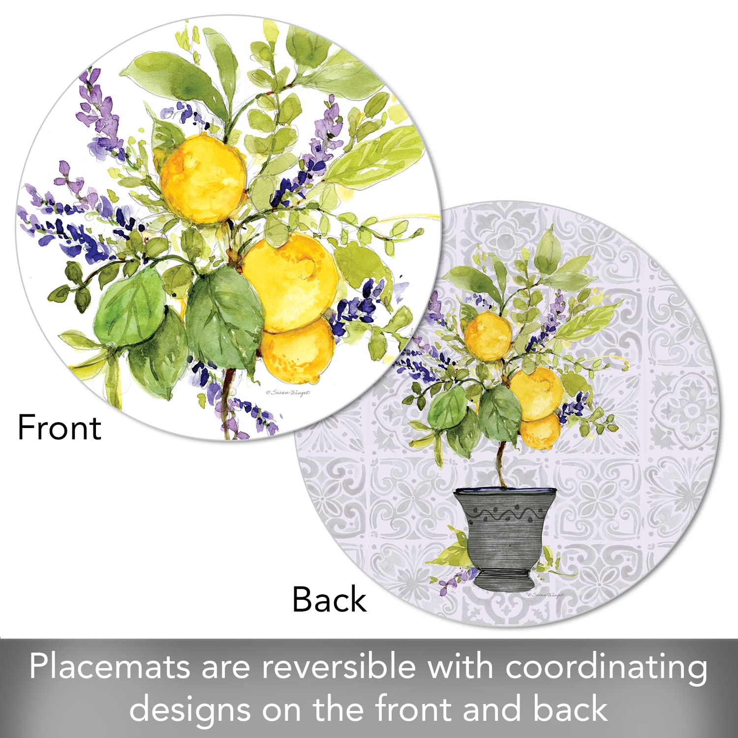 CounterArt Watercolor Lemons 4-Pack Round Reversible Placemats - Flexible Plastic, Easy Care, Made in USA - Perfect for Dining Tables, Kitchen Countertops & Outdoor Entertaining
