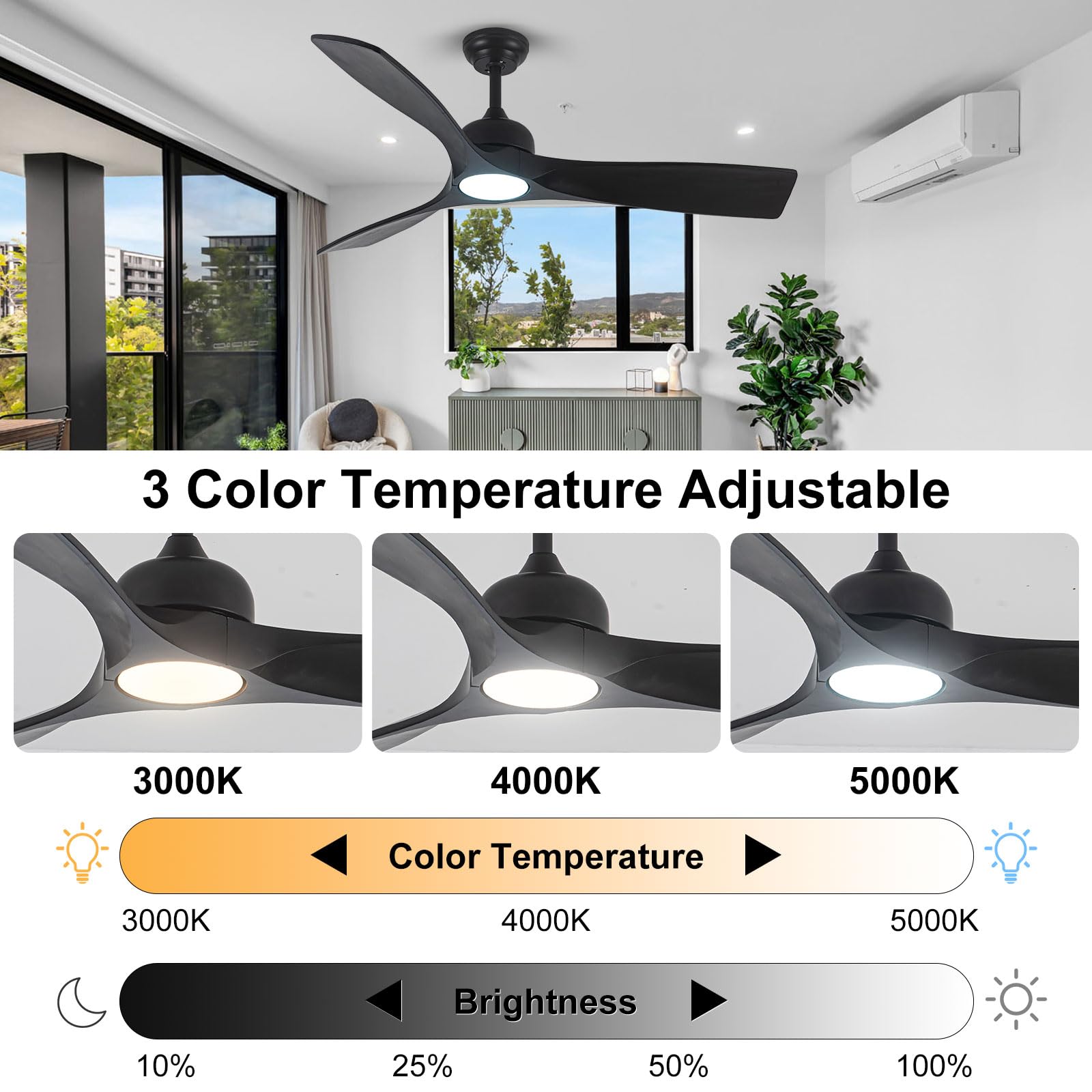 52 Inch Black Ceiling Fan with Lights & Remote - 3 Blade Solid Wood DC Motor Fan, Dimmable LED Light - Modern Indoor/Outdoor Ceiling Fan for Bedroom, Patio, Porch, Living Room & Office - Energy Efficient & Quiet Operation