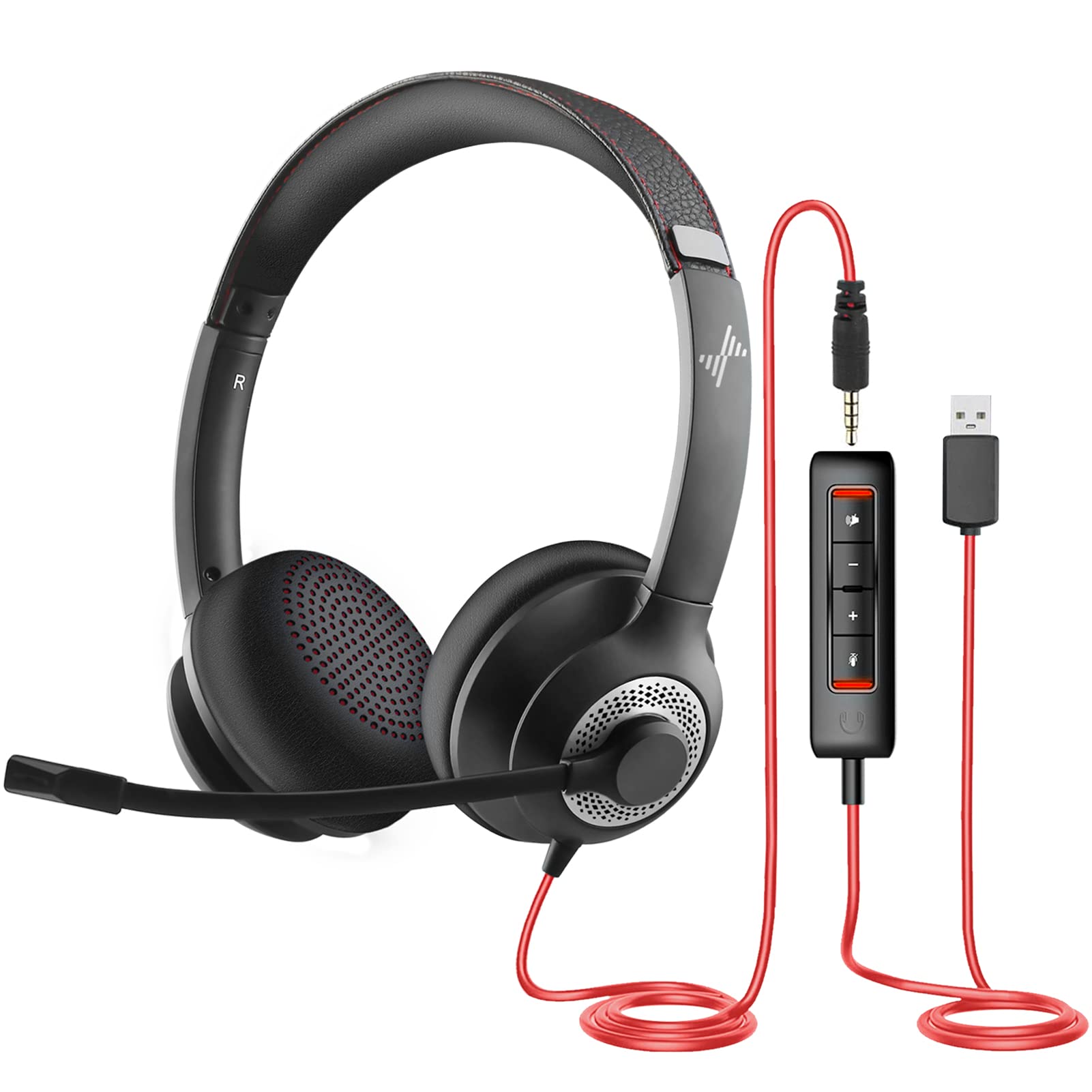 Noise Cancelling USB Headset with Microphone for PC & Laptop - On-Ear Computer Headphones with In-Line Volume Control for Home Office, Online Classes, Zoom Meetings, Skype Calls (USB+3.5mm Jack, Black) - Perfect for Remote Work, Gaming & Virtual Learning