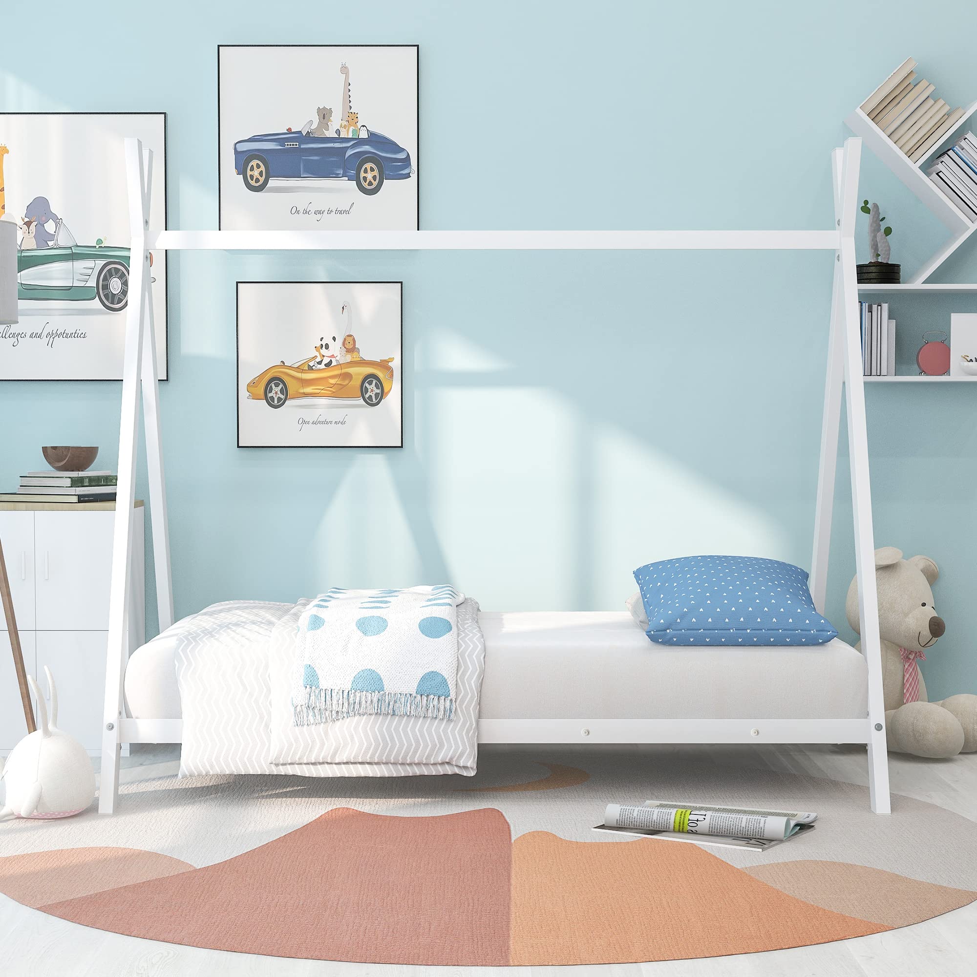 Bellemave Twin Size Floor Bed for Kids - Metal Montessori House Bed with Tent for Girls & Boys, White - Perfect for Montessori Rooms, Playrooms & Kids' Bedrooms