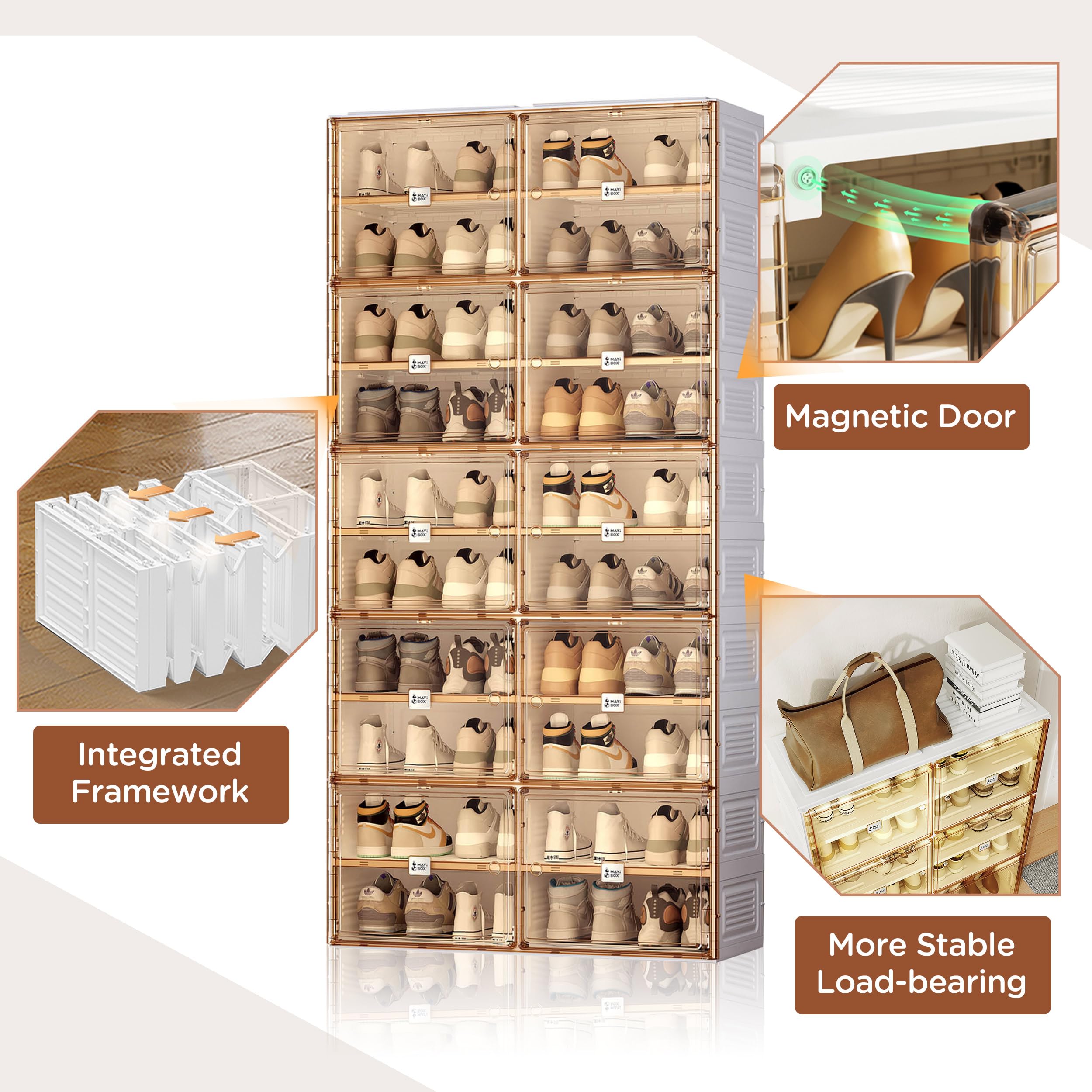 Portable Stackable Shoe Rack Organizer with Magnetic Clear Door - 10-Tier Sneaker Storage Cabinet for Closet & Entryway - Holds 40 Pairs of Shoes - Large Plastic Storage Bins with Lids - Perfect for Small Spaces, Apartments & Dorm Rooms