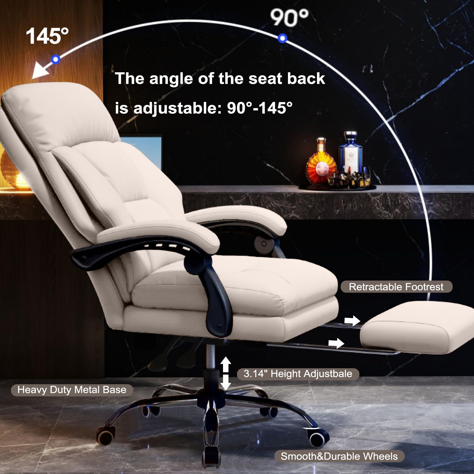 Ergonomic Executive Office Chair with Adjustable Footrest - High Back PU Leather Computer Gaming Chair for Home & Office - Big & Tall Desk Chair in Greige - Perfect for Long Work Hours & Gaming Sessions