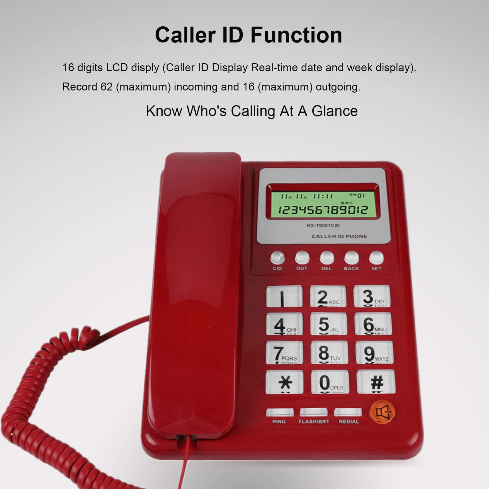 KXT8001 Red Corded Landline Phone with LCD Display - Standard Desktop Telephone for Home, Office, School & Hotel | Reliable Communication Solution for Businesses & Households