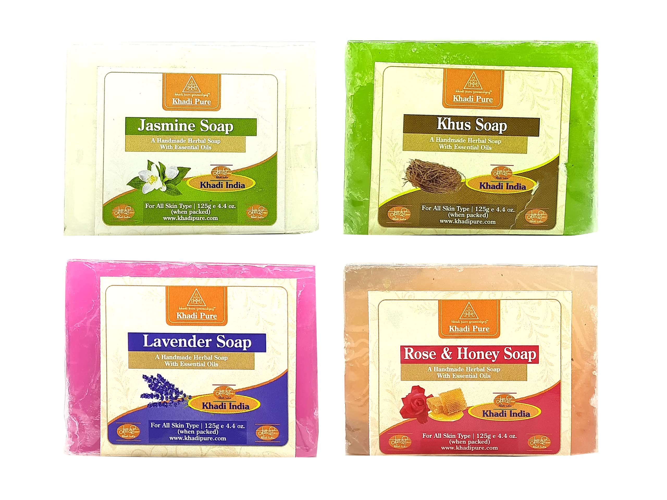 Khadi Pure Jasmine, Khus, Lavender & Rose Honey Soap - 4 Pack (125g Each) | Natural Herbal Skincare for Dry & Sensitive Skin | Perfect for Daily Bathing, Gift Sets & Spa Days