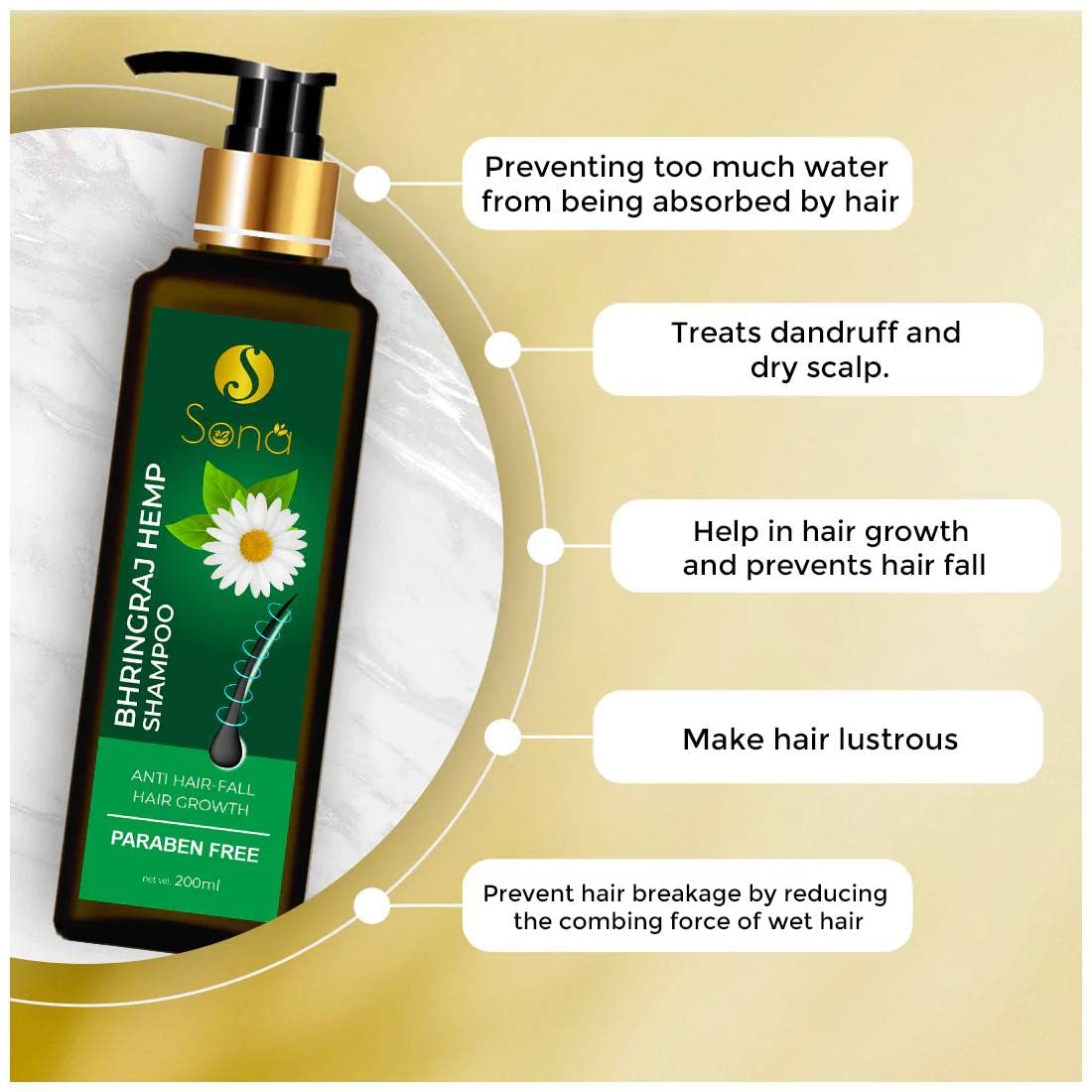 SONA Bhringraj Hemp Shampoo with Bhringraj Oil, Hemp Seed Oil & Vitamin E - Paraben Free Hair Care for Dry, Damaged Hair - Promotes Hair Growth & Scalp Health - Perfect for Daily Use & Natural Hair Treatment