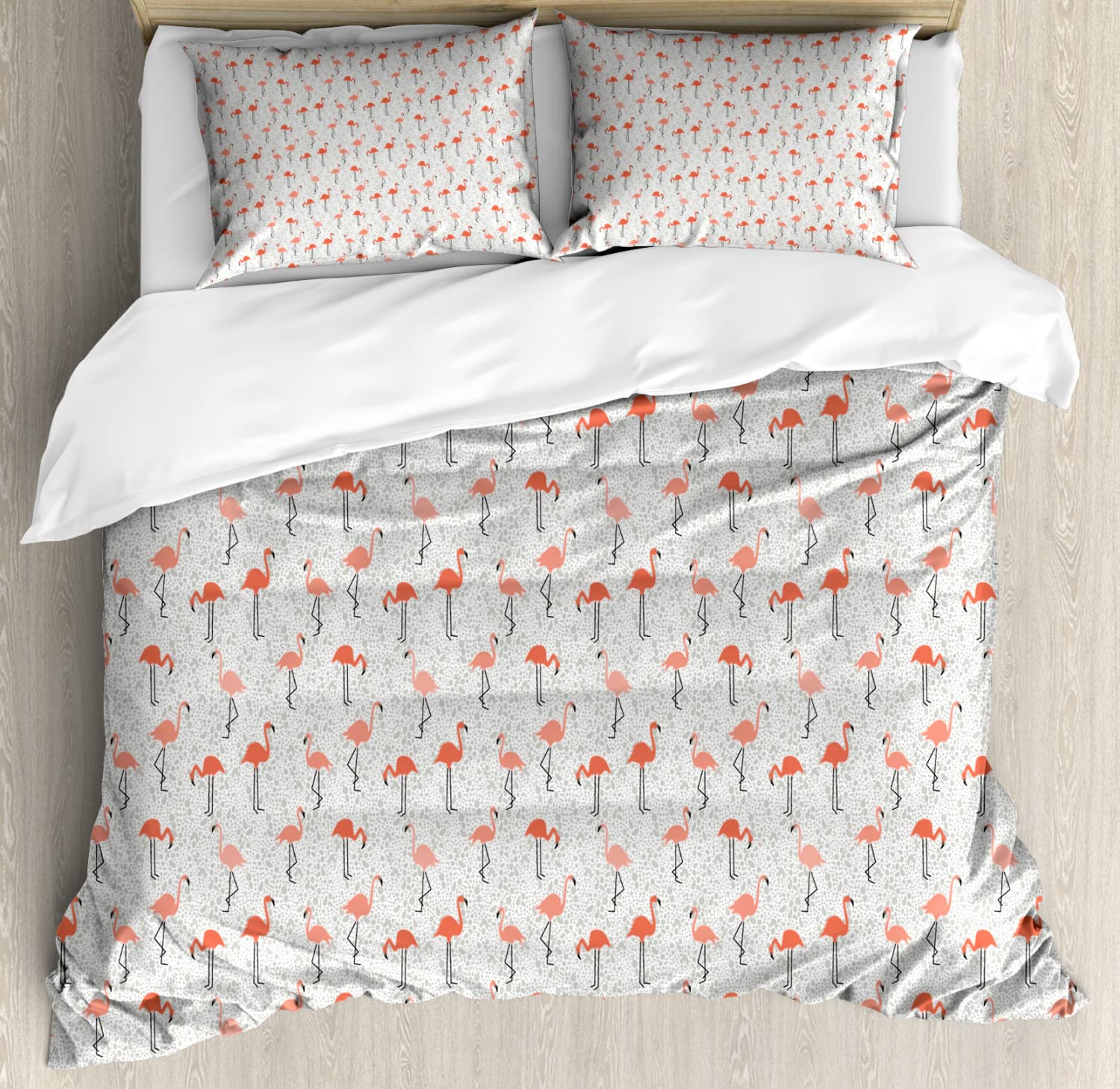 Ambesonne Flamingo Duvet Cover Set - Tropical Jungle Paradise Design with Exotic Birds, 2-Pack King Size Bedding Set Includes 2 Duvet Covers & 4 Pillowcases in Dust Salmon Coral - Perfect for Bohemian & Romantic Bedroom Decor