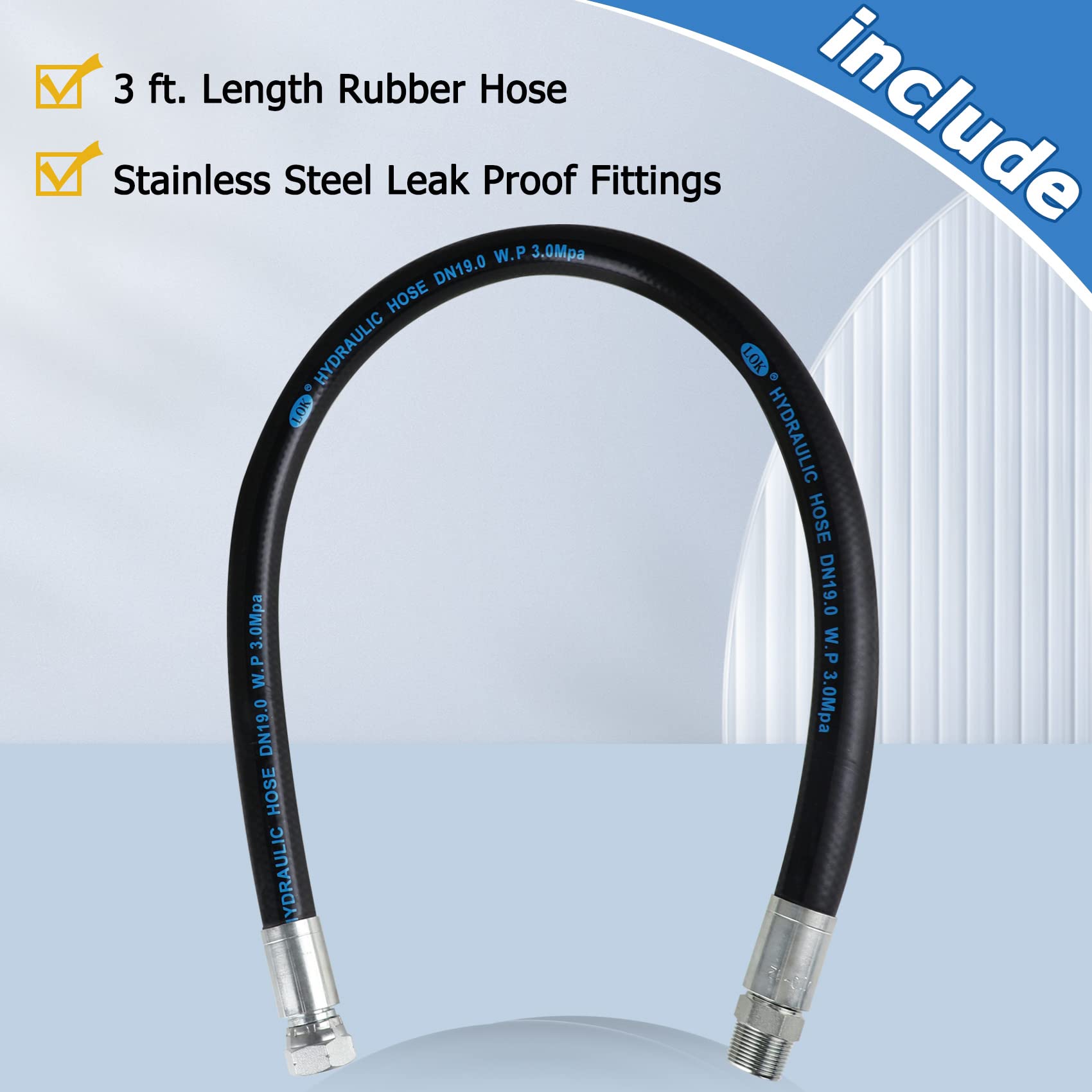 3/4 x 3 Feet Heavy Duty Rubber Air Compressor Hose with 3/4