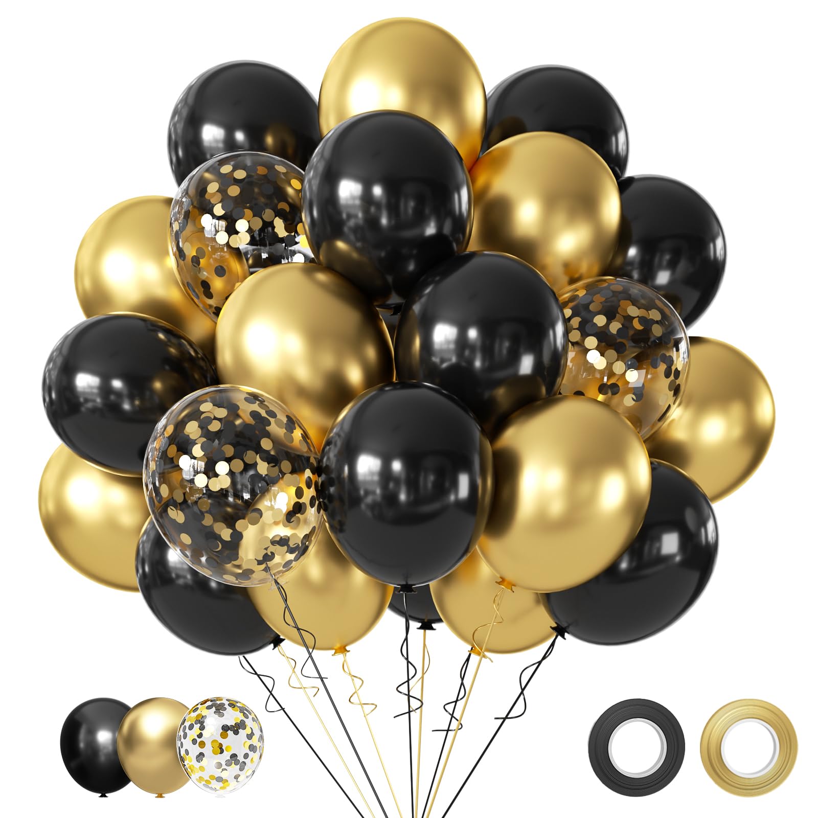 50PCS 12 Inch Black & Gold Confetti Balloons - Elegant Party Decorations for Birthday, Graduation, New Year, Wedding & Engagement - Perfect for Indoor/Outdoor Celebrations & Photo Backdrops